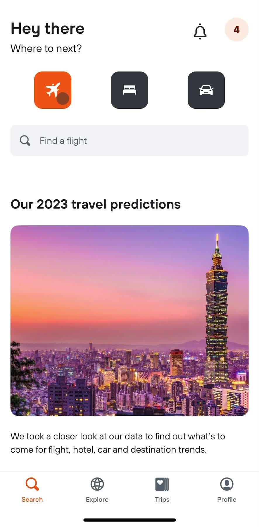 Kayak Home screen in the Finding Flights flow