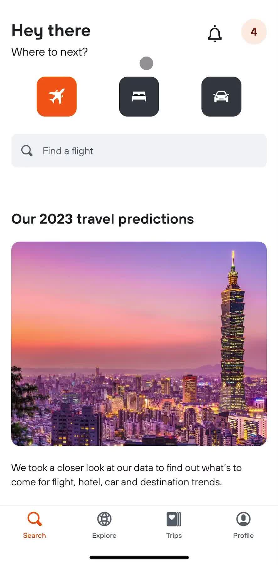 Kayak Home screen in the Finding Hotels flow