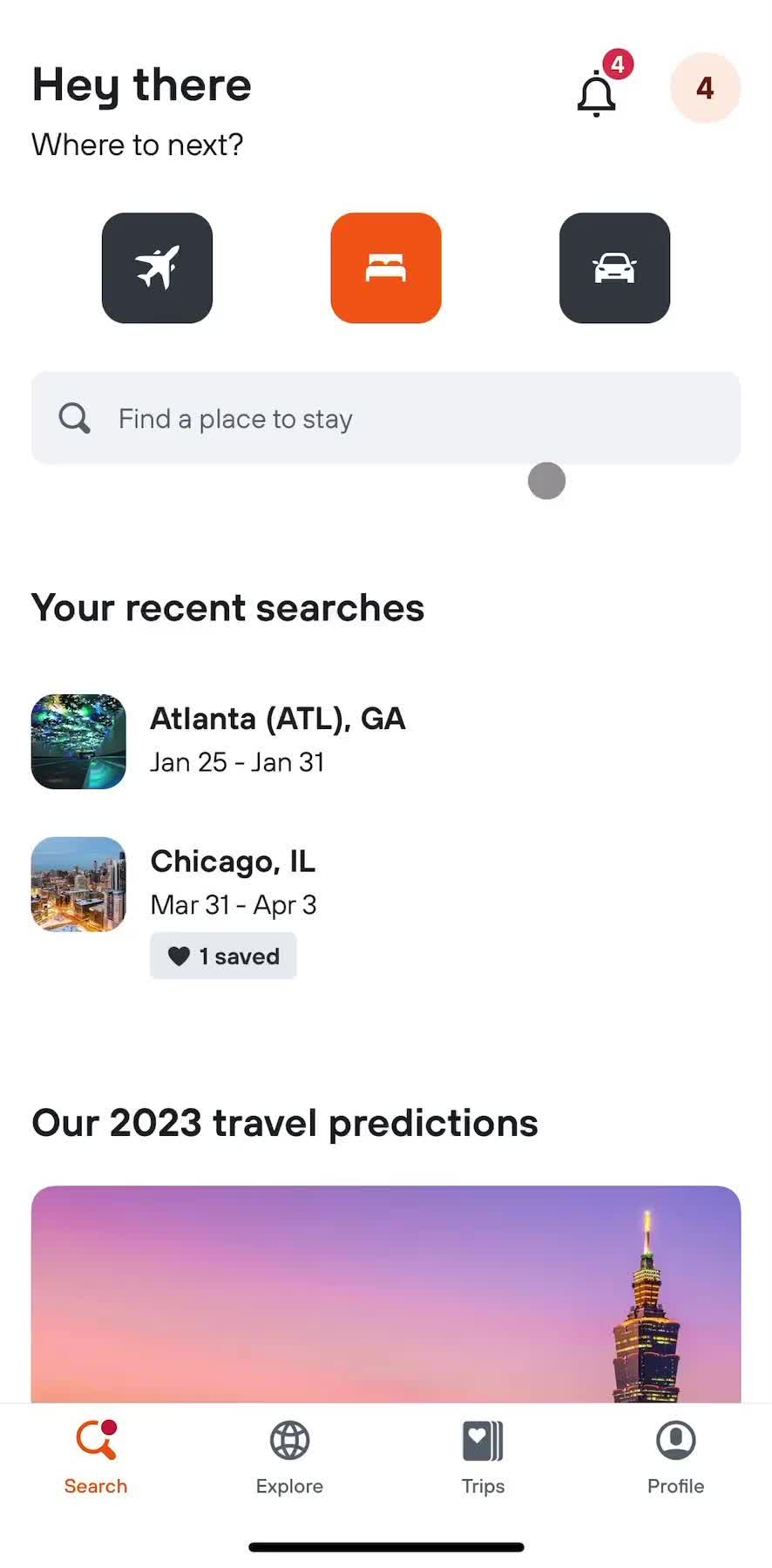 Kayak Home screen in the General Browsing flow