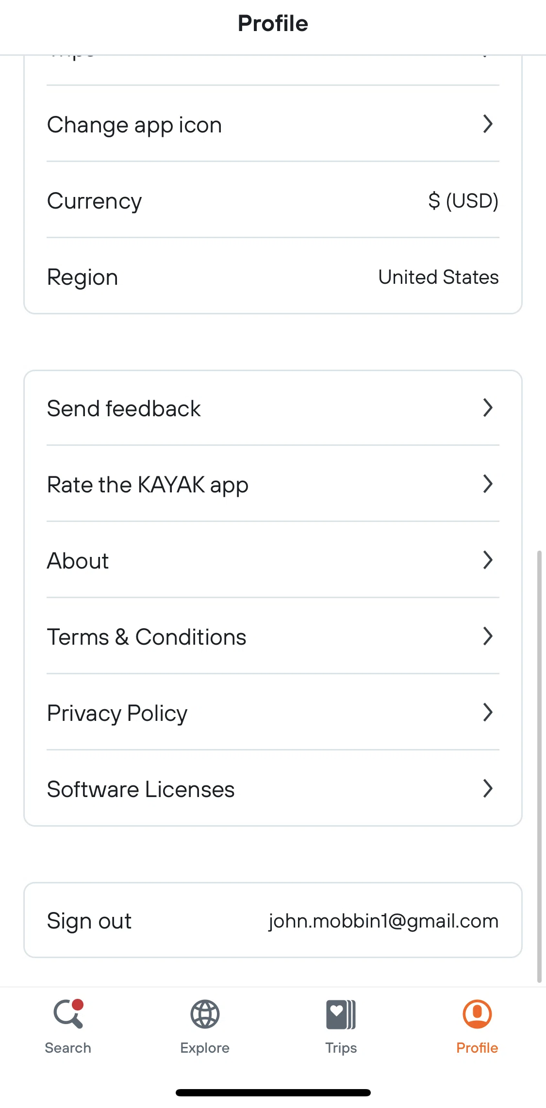 Kayak Screen screen in the Logging out flow