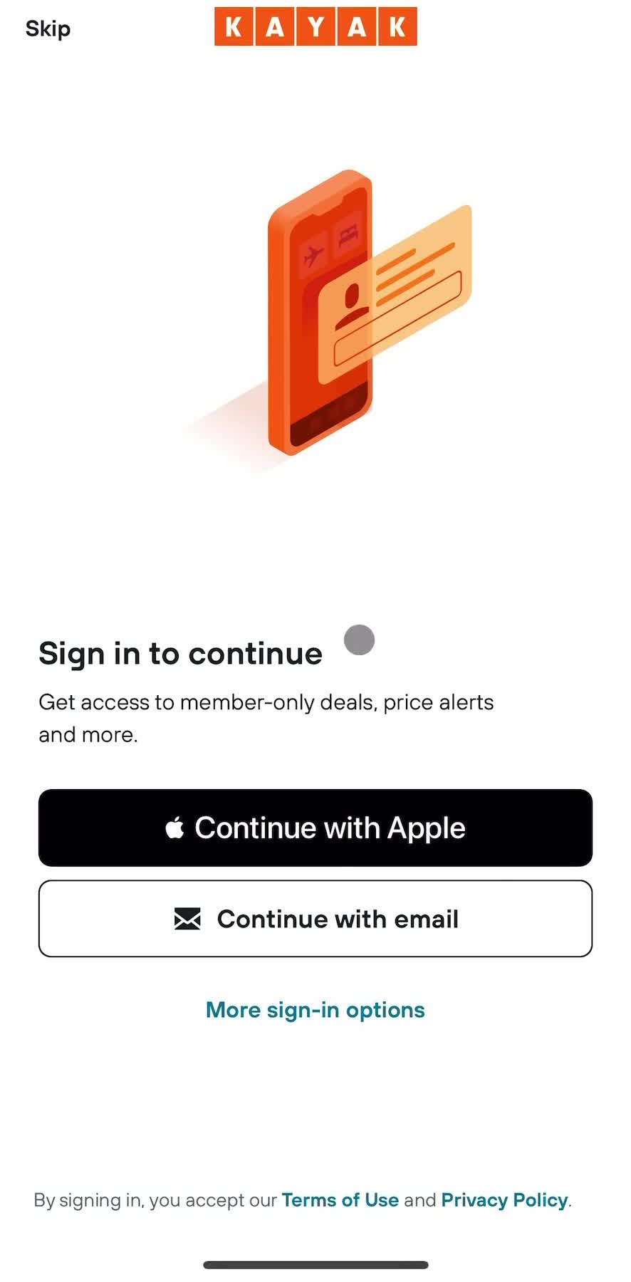 Kayak Sign up screen in the Onboarding flow