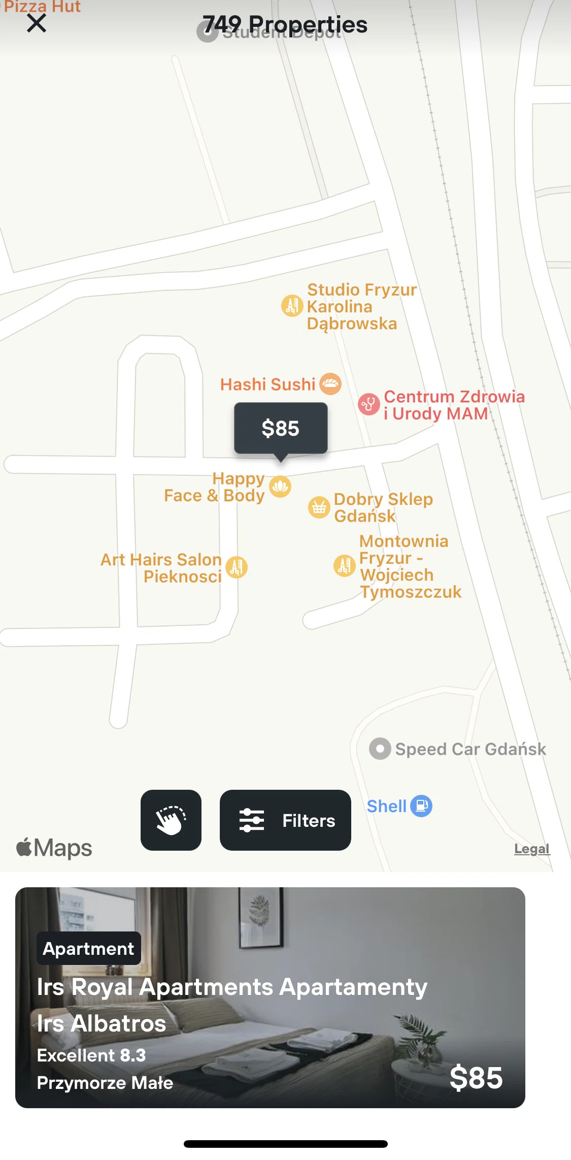 Kayak Screen screen in the Searching by drawing on map flow