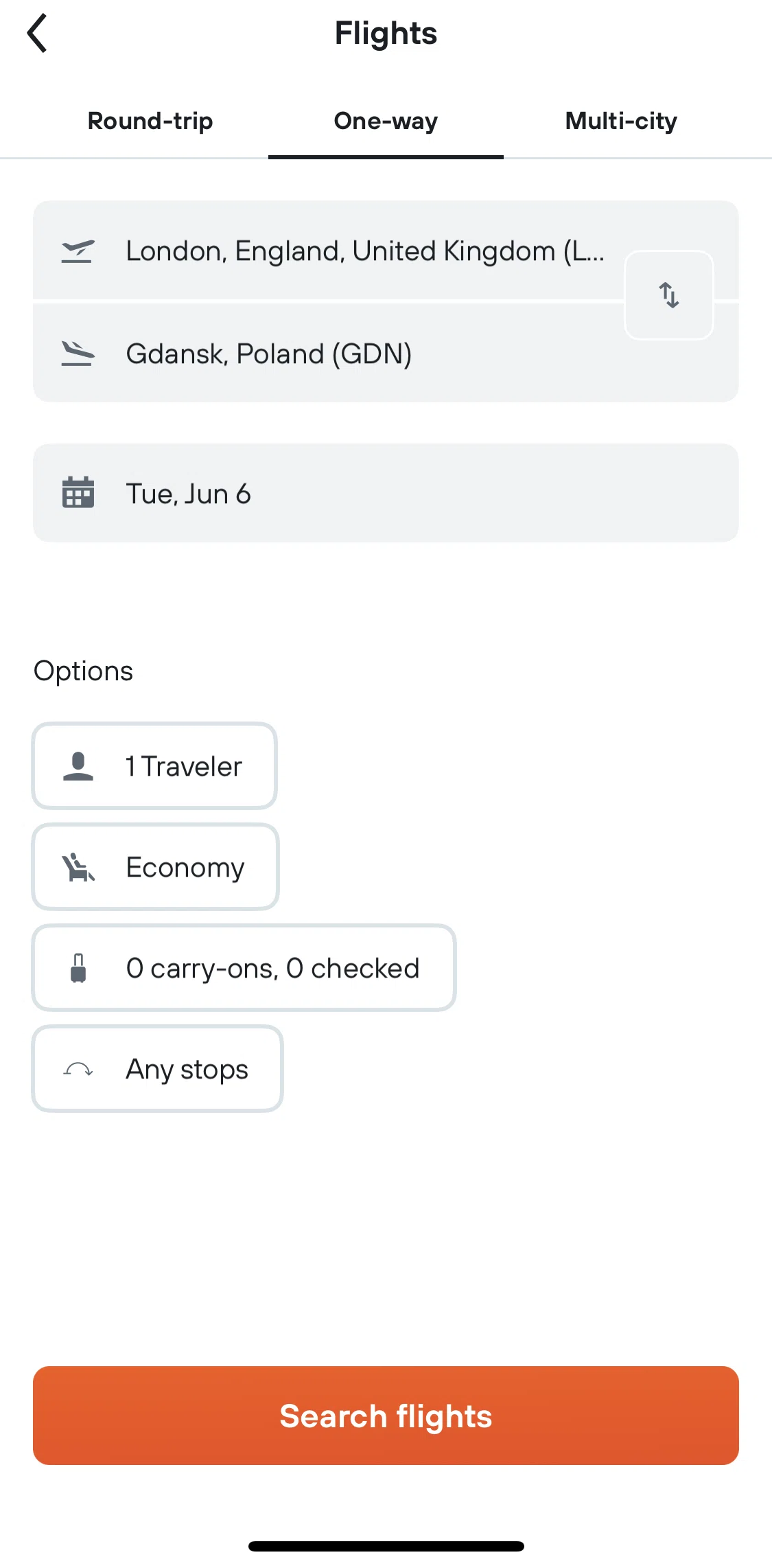 Kayak Screen screen in the Searching multi city itineraries flow