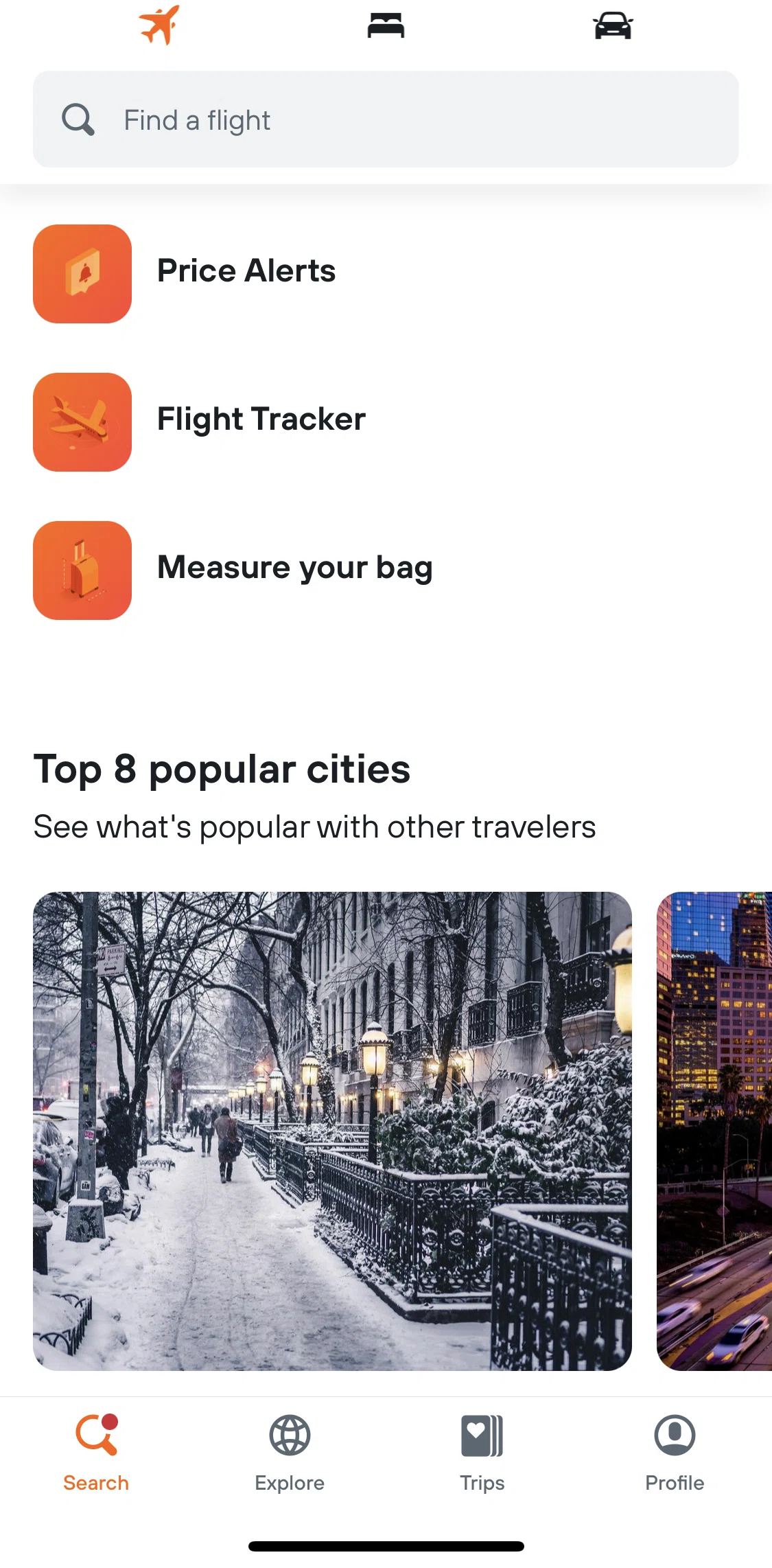 Kayak Screen screen in the Tracking a flight by flight number flow