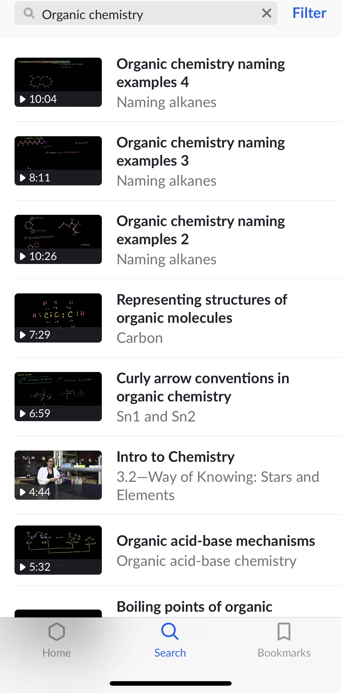 Khan Academy Screen screen in the Filtering search results flow