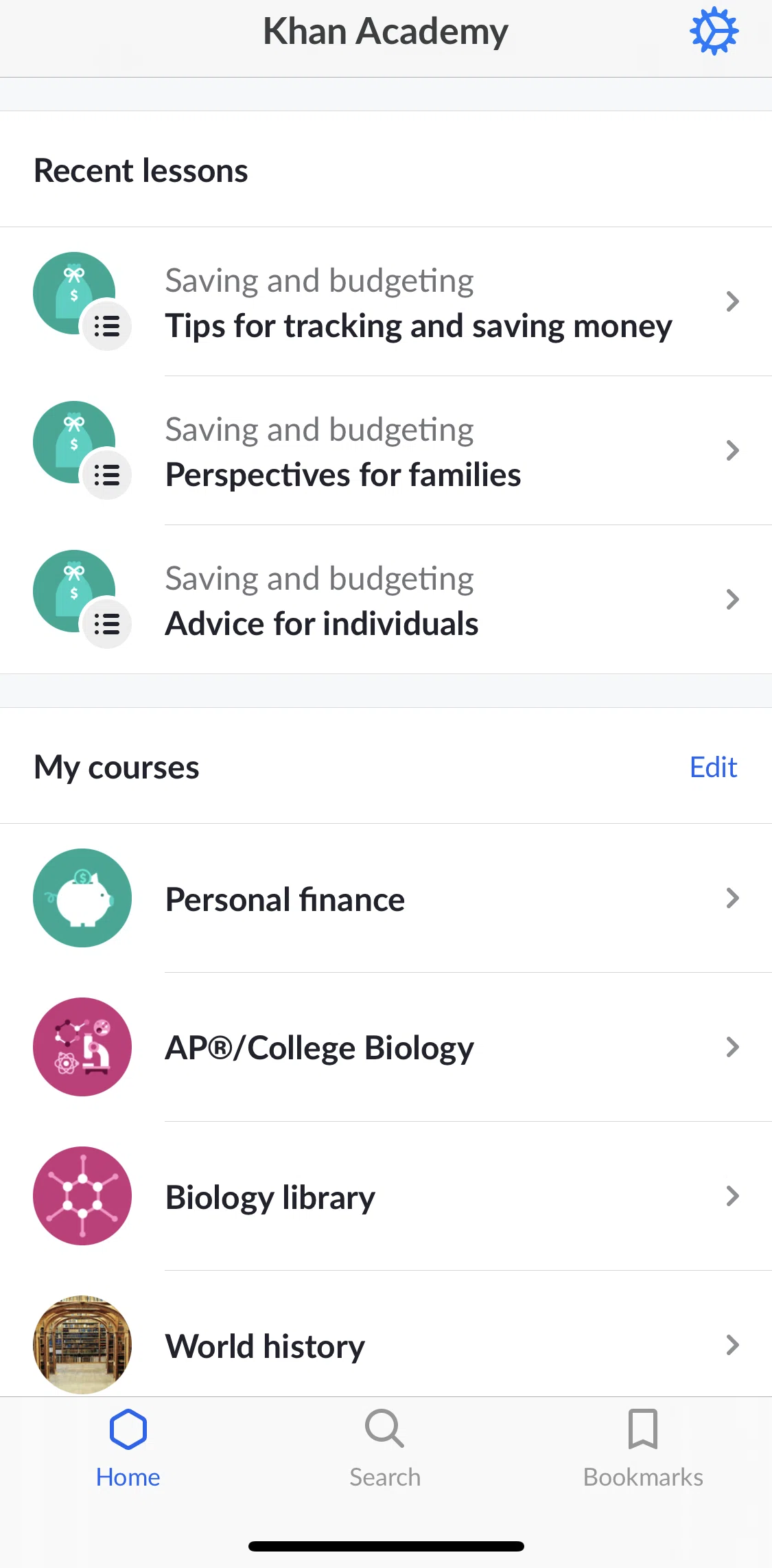 Khan Academy Screen screen in the Home flow