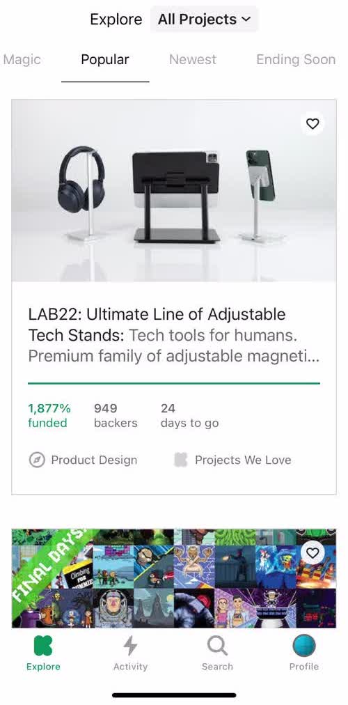 Kickstarter Home screen in the Cancelling An Order flow