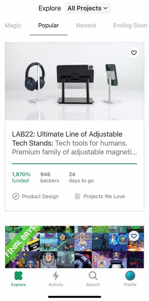 Kickstarter Home screen in the Discovering Content flow