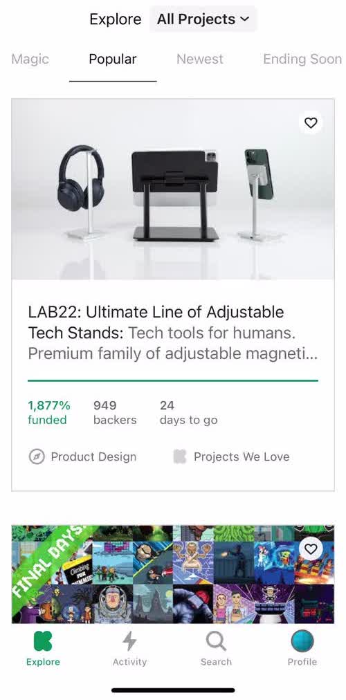 Kickstarter Home screen in the General Browsing flow