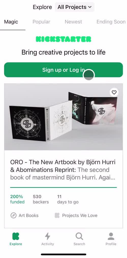 Kickstarter Home screen in the Onboarding flow