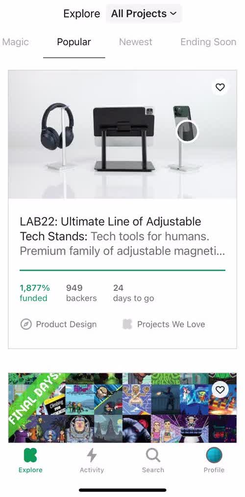 Kickstarter Home screen in the Searching flow