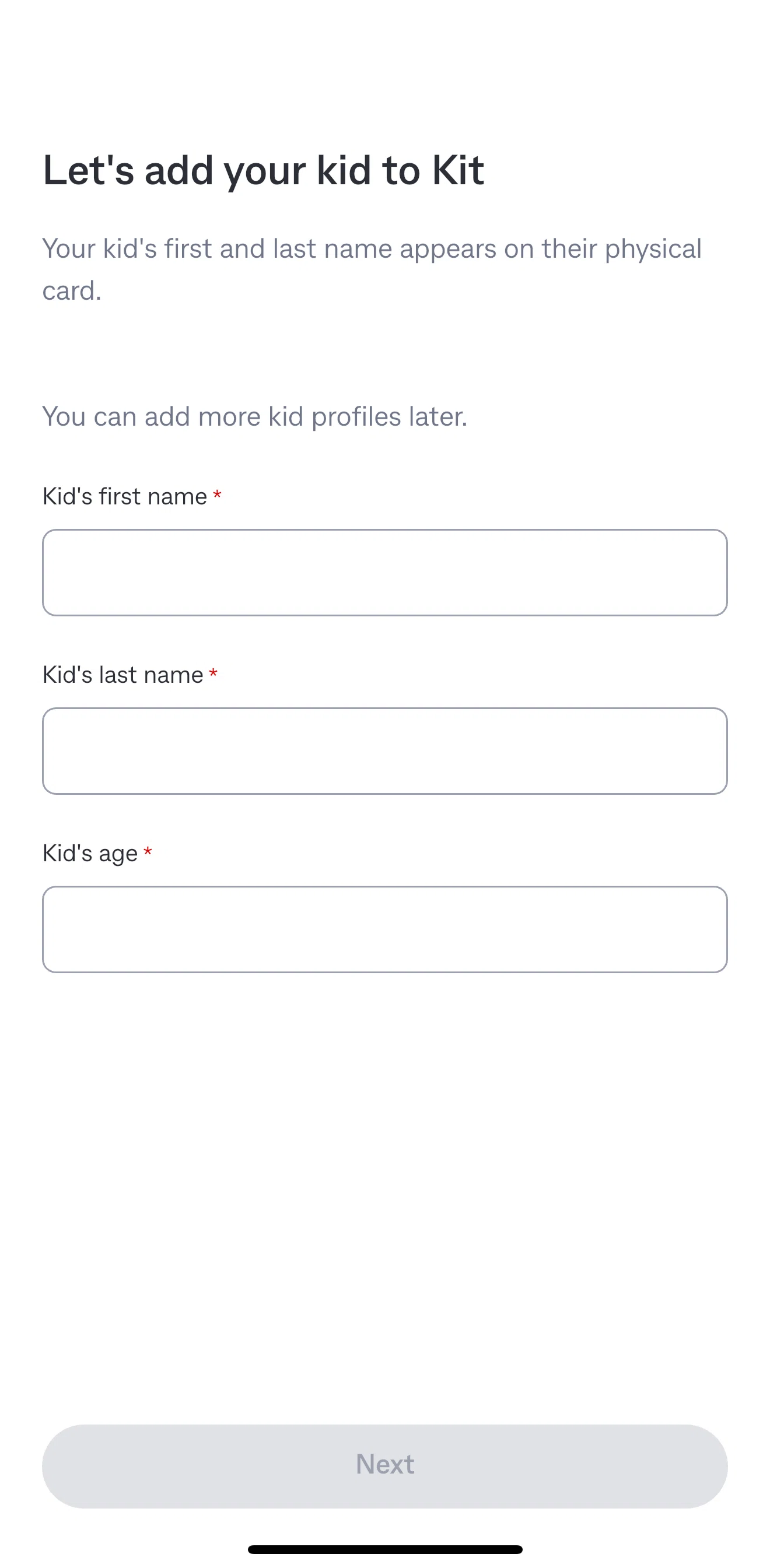 Kit Screen screen in the Adding a kid's information flow