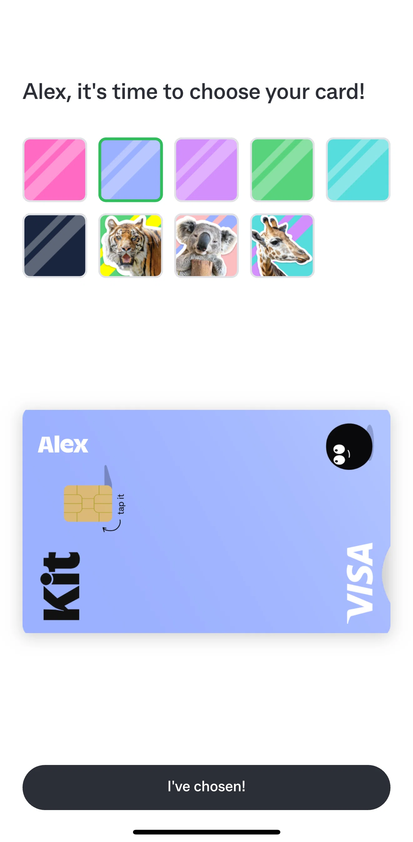 Kit Screen screen in the Choosing a card flow