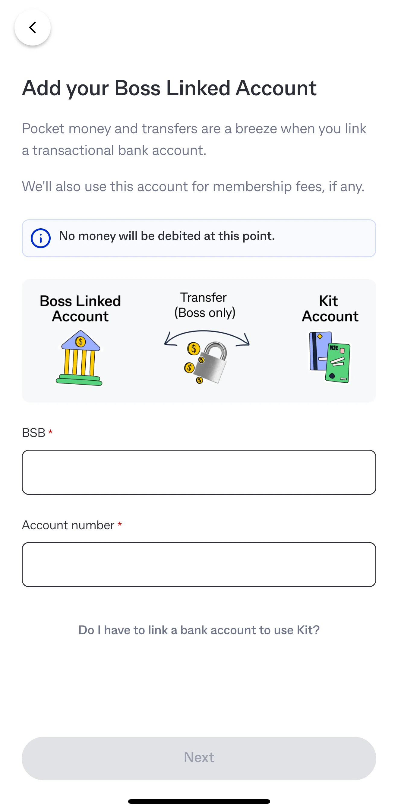 Kit Screen screen in the Linking a bank account flow