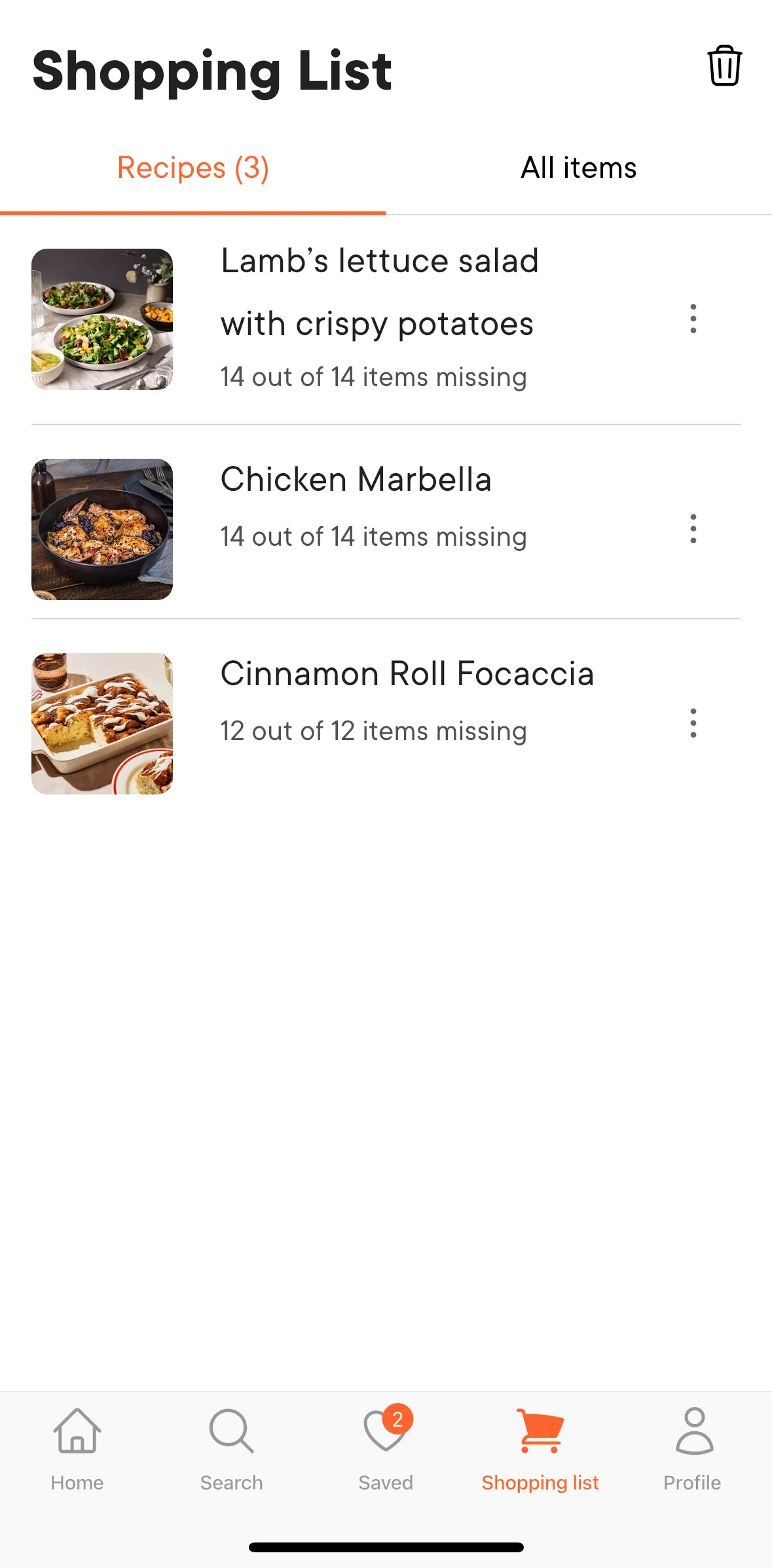 Kitchen Stories Screen screen in the Deleting a recipe from shopping list flow