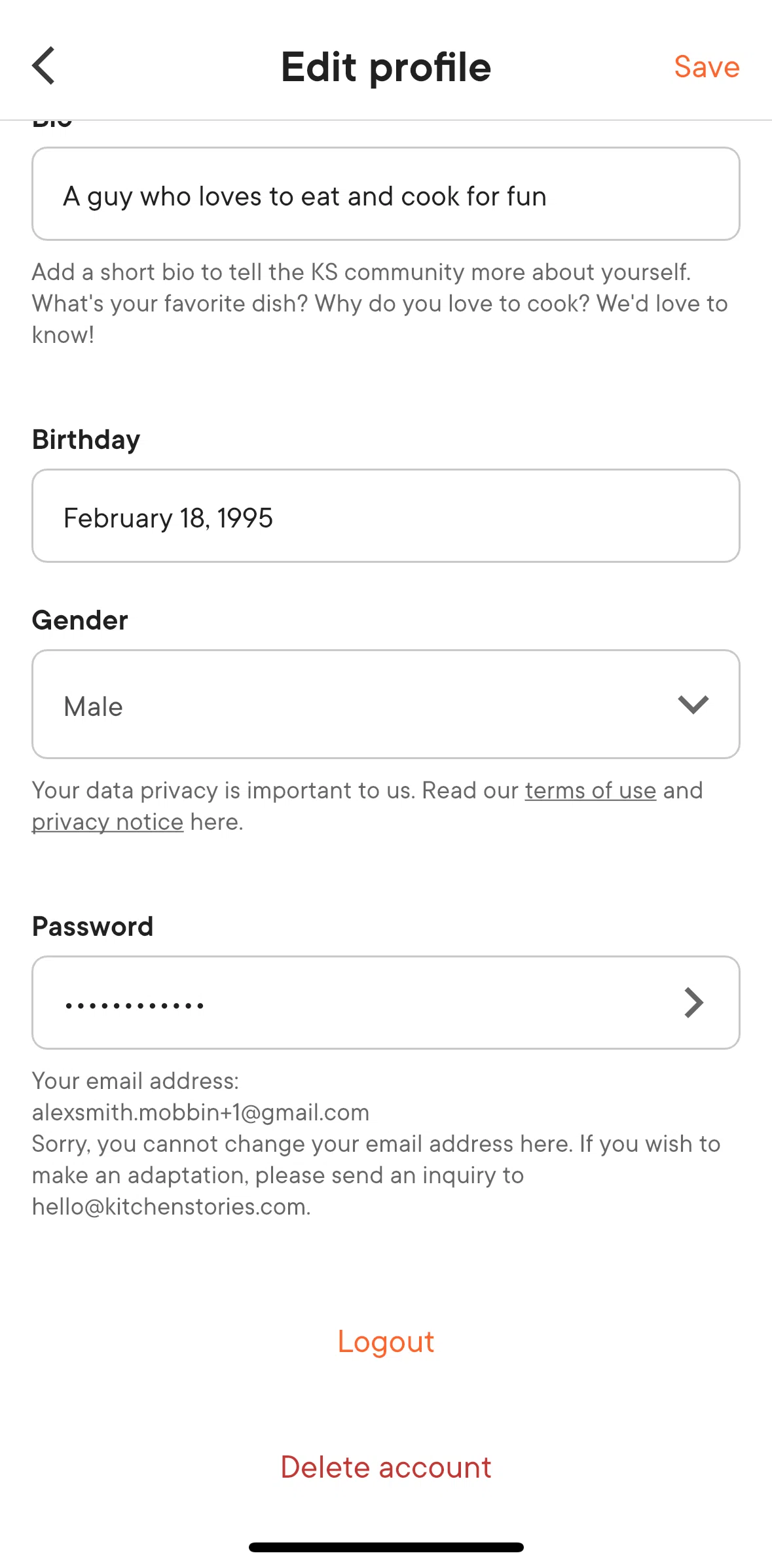 Kitchen Stories Screen screen in the Deleting an account flow