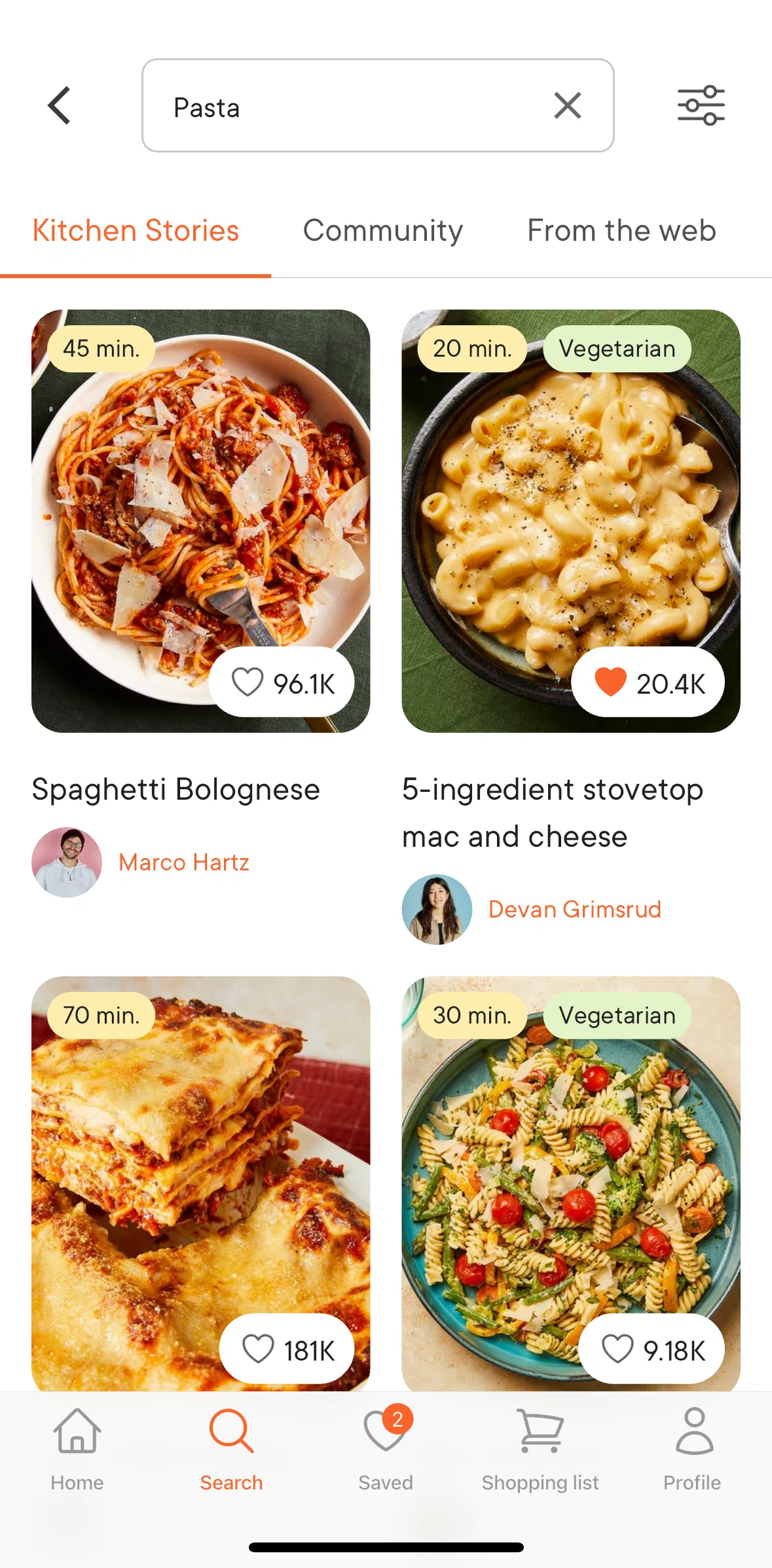 Kitchen Stories Screen screen in the Filtering and sorting search results flow