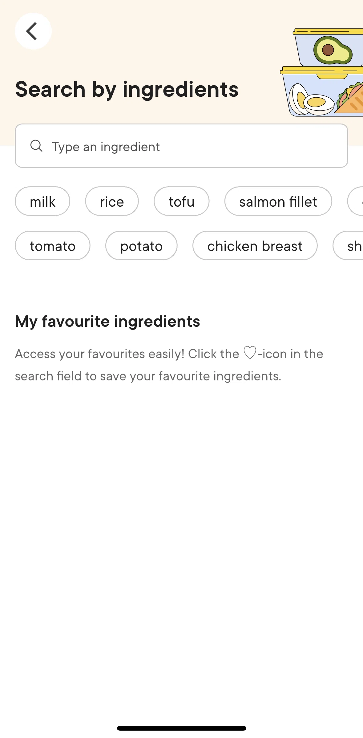 Kitchen Stories Screen screen in the Finding recipes by ingredients flow