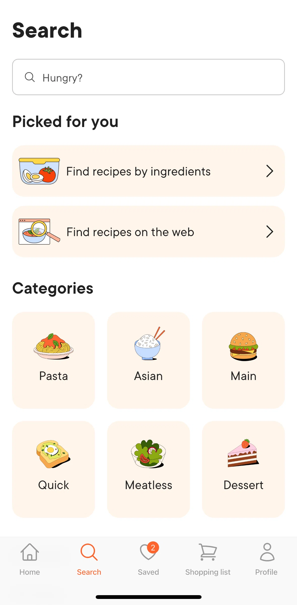 Kitchen Stories Screen screen in the Finding recipes on the web flow