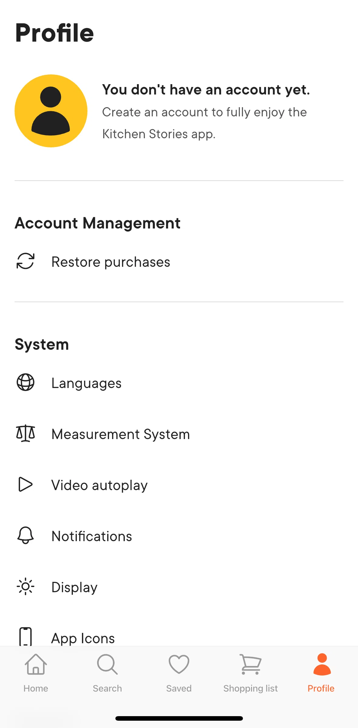 Kitchen Stories Screen screen in the Logging in flow