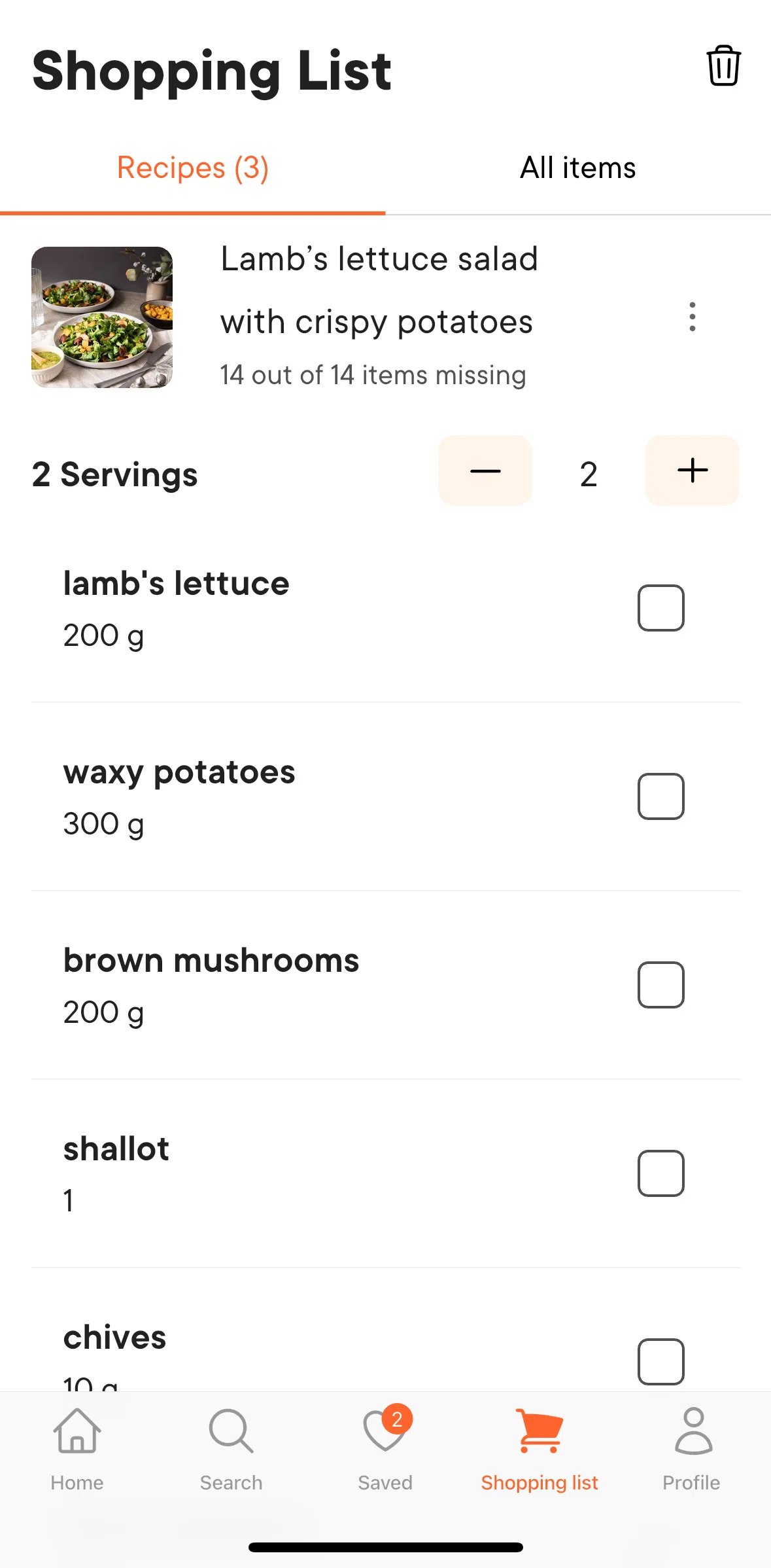 Kitchen Stories Screen screen in the Marking items as bought flow