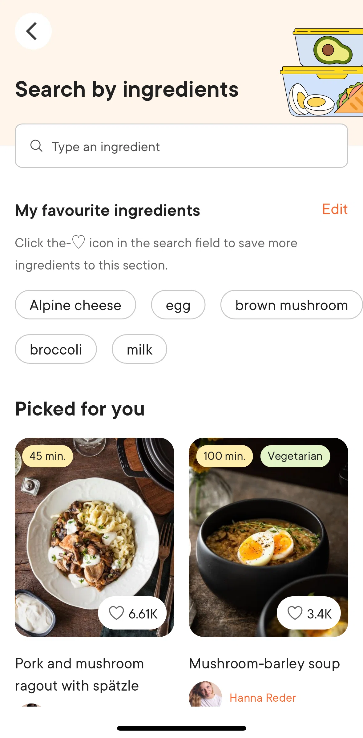 Kitchen Stories Screen screen in the Removing an ingredient from favorites flow