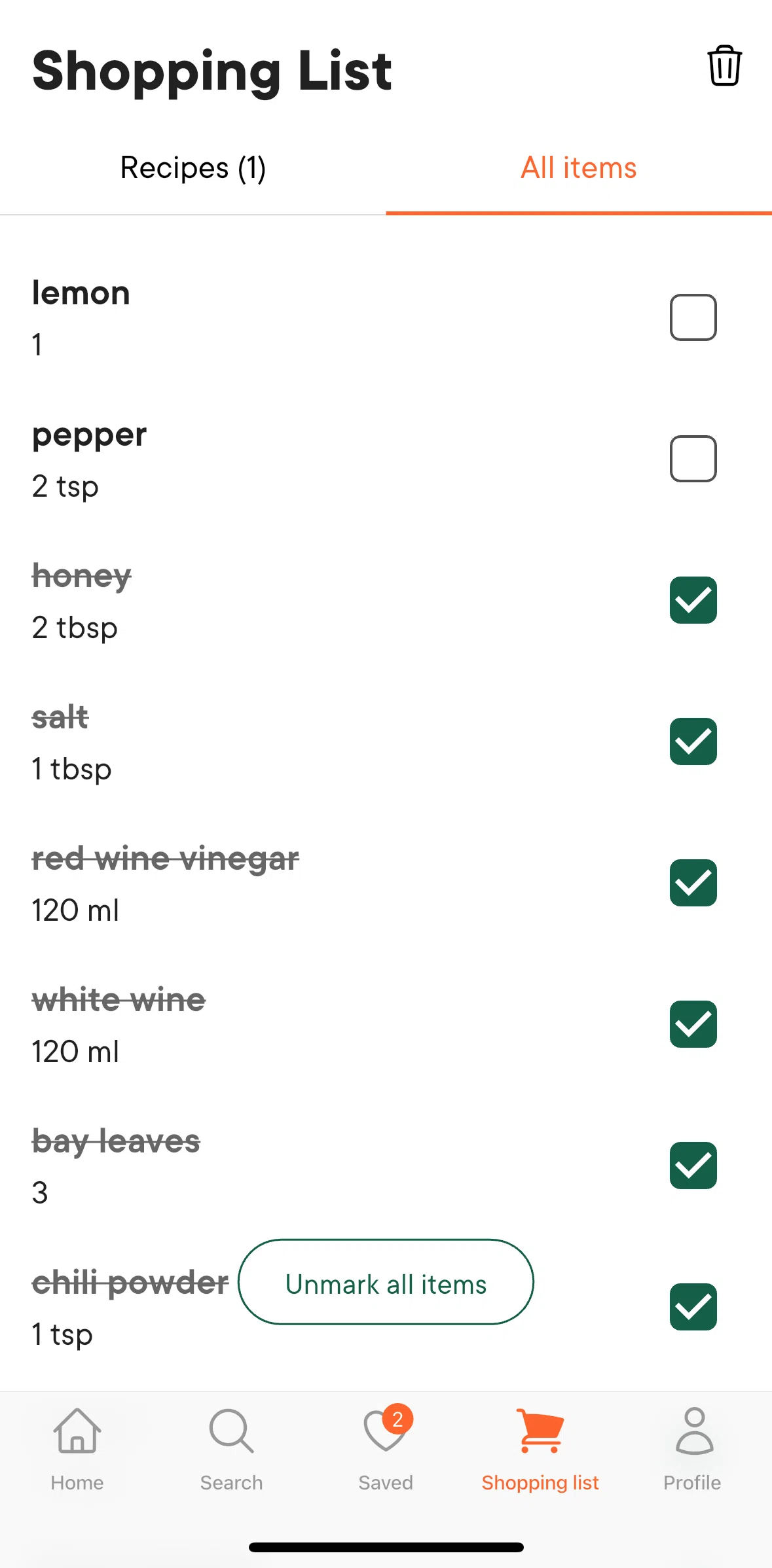 Kitchen Stories Screen screen in the Unmarking items flow