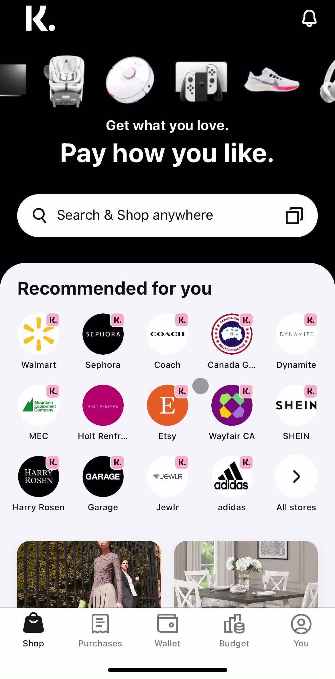 Klarna Home screen in the Adding Payment Details flow