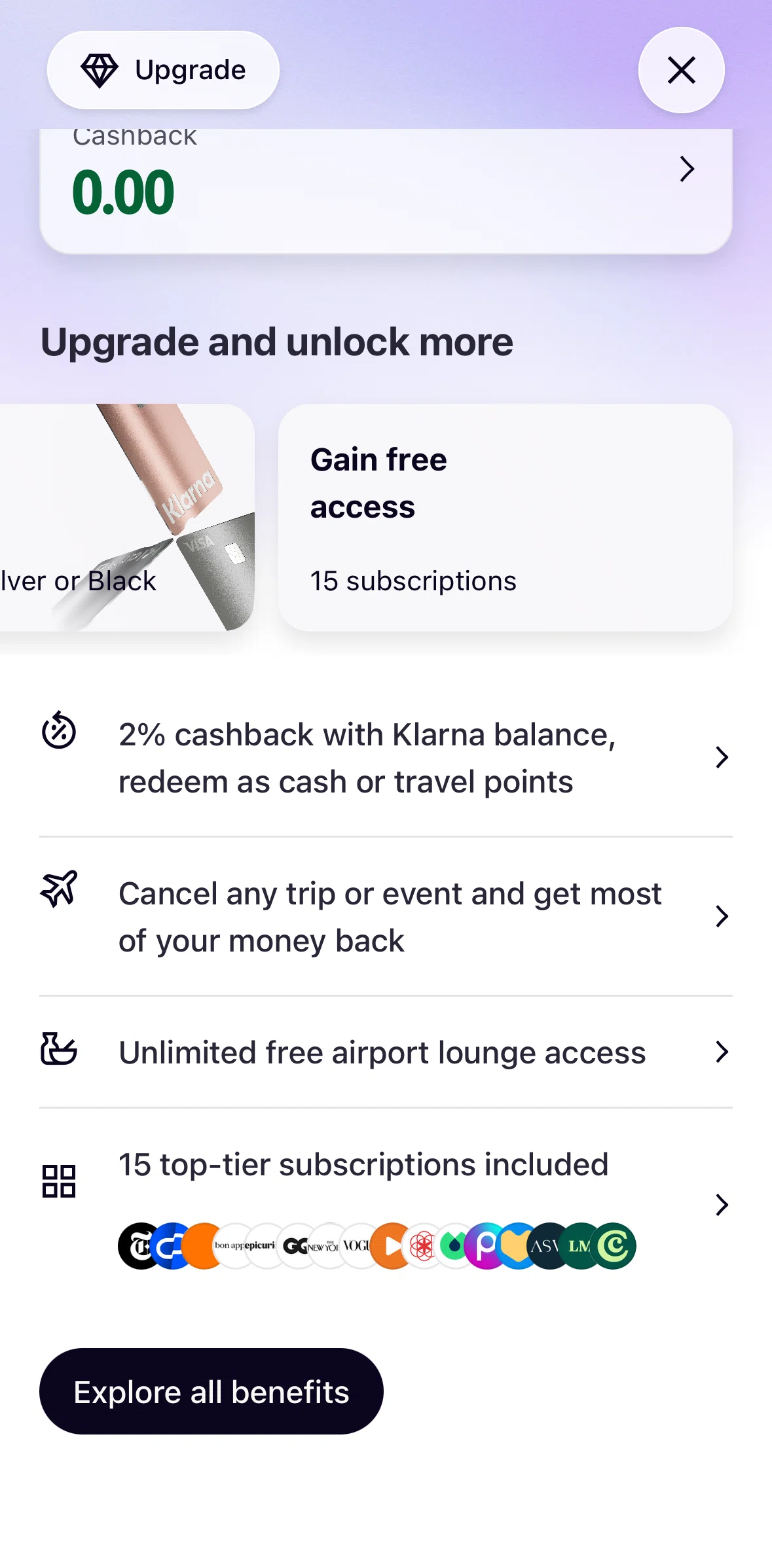 Klarna Screen screen in the Benefits flow