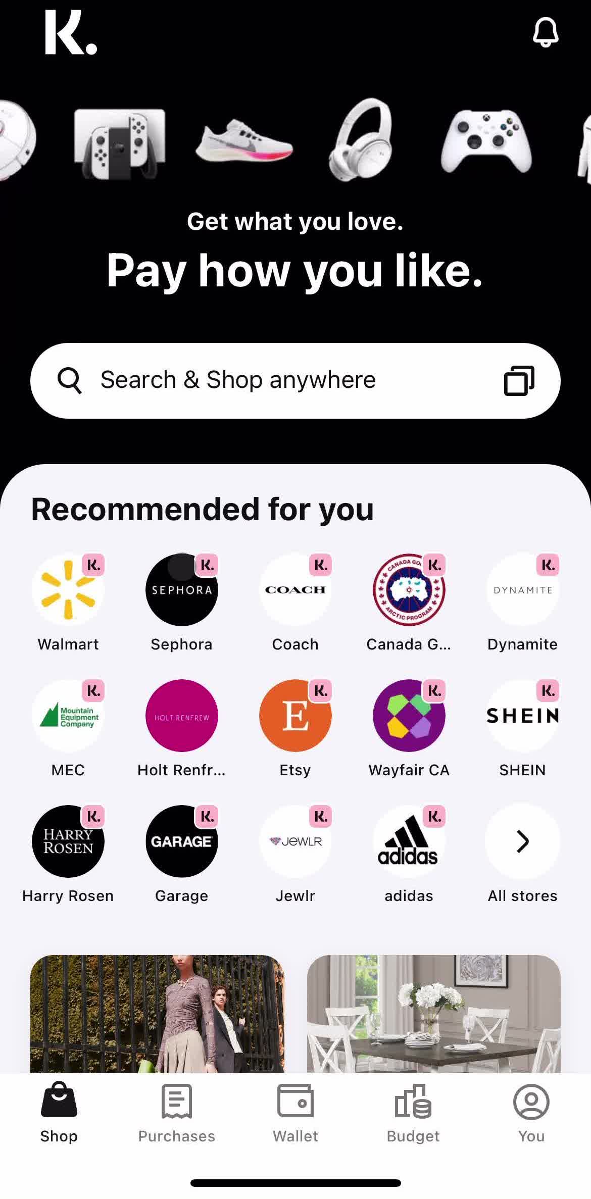 Klarna Home screen in the Buying Something flow
