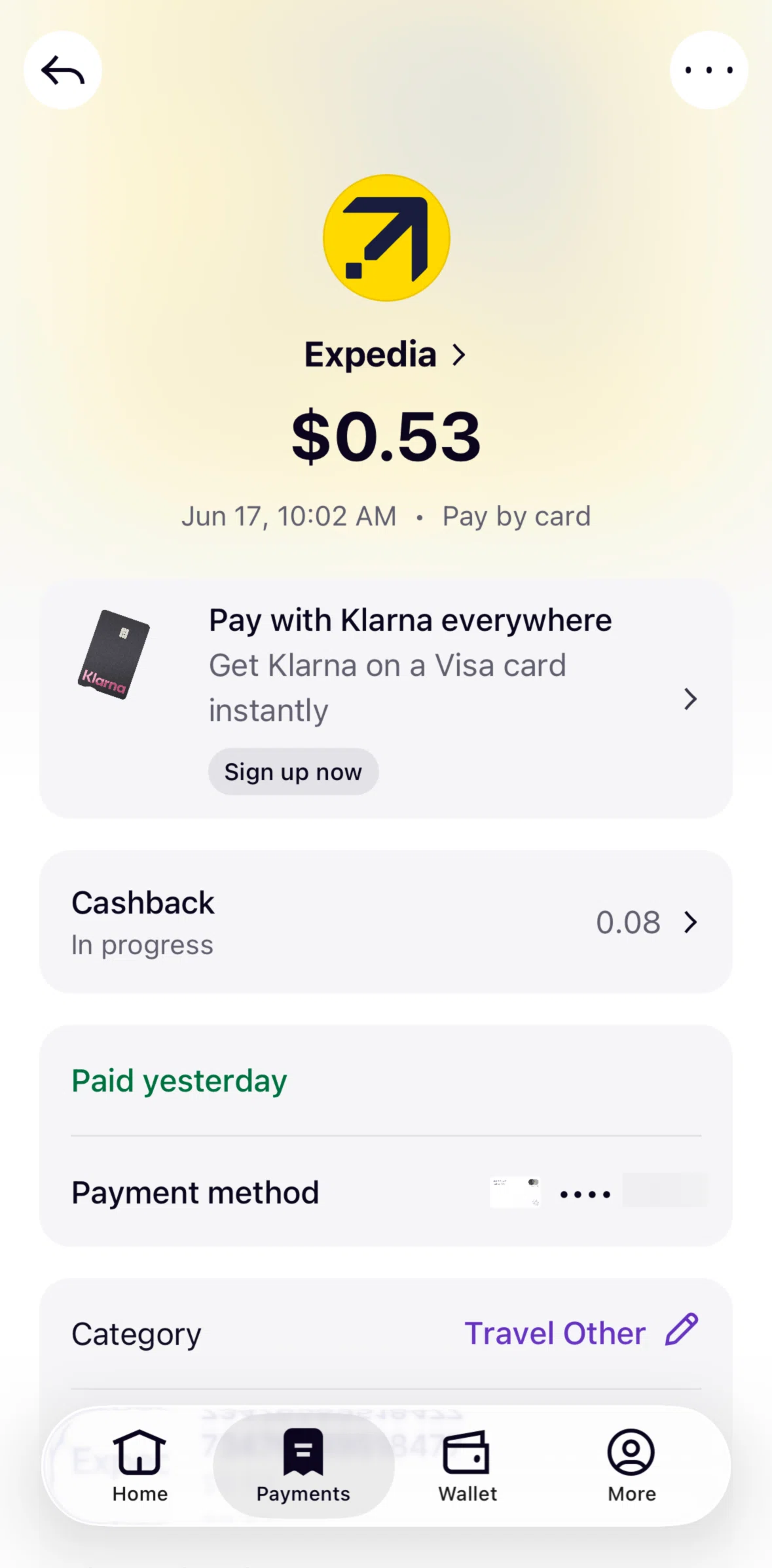 Klarna Screen screen in the Cashback (payments) flow