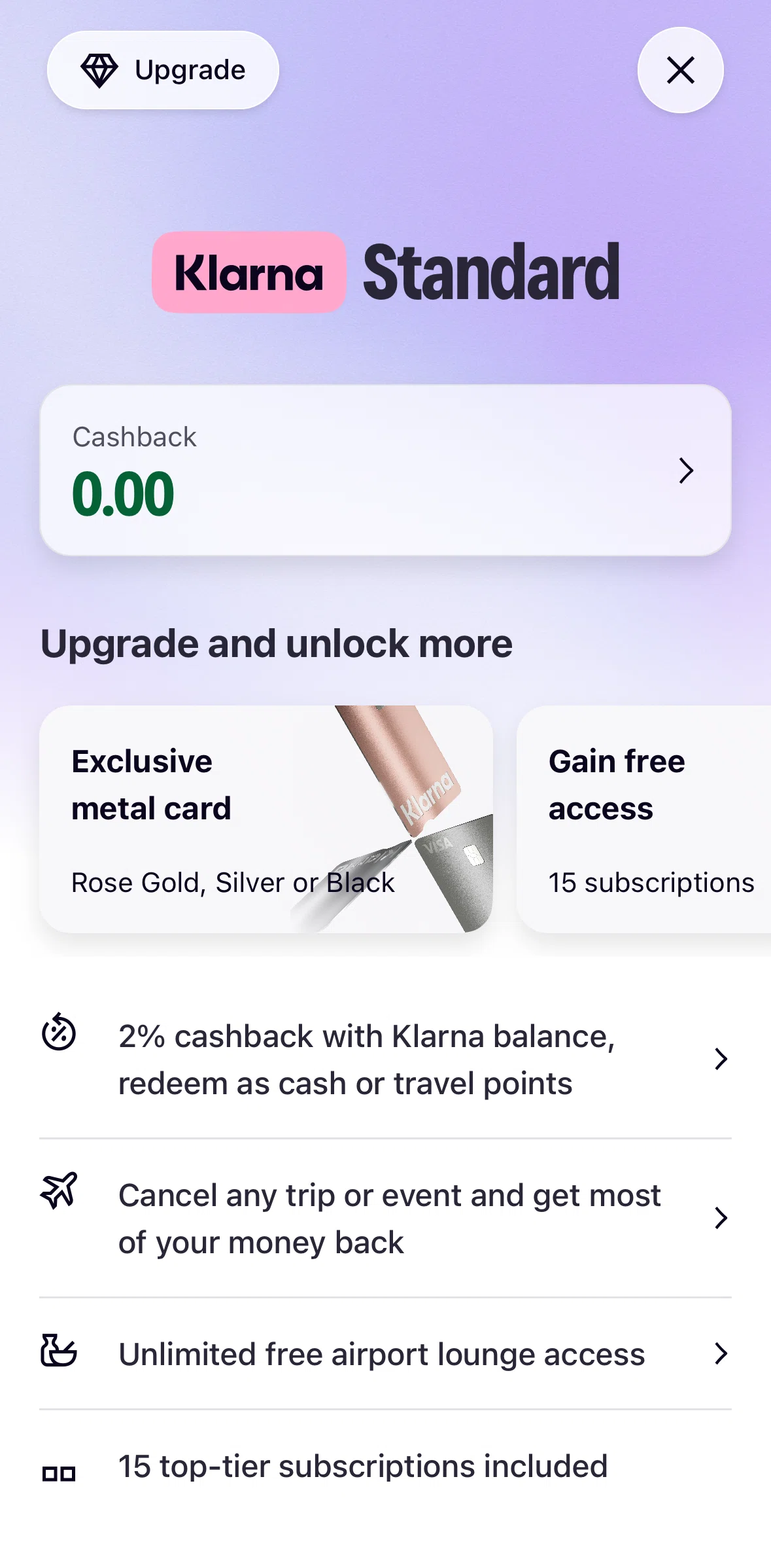 Klarna Screen screen in the Cashback flow