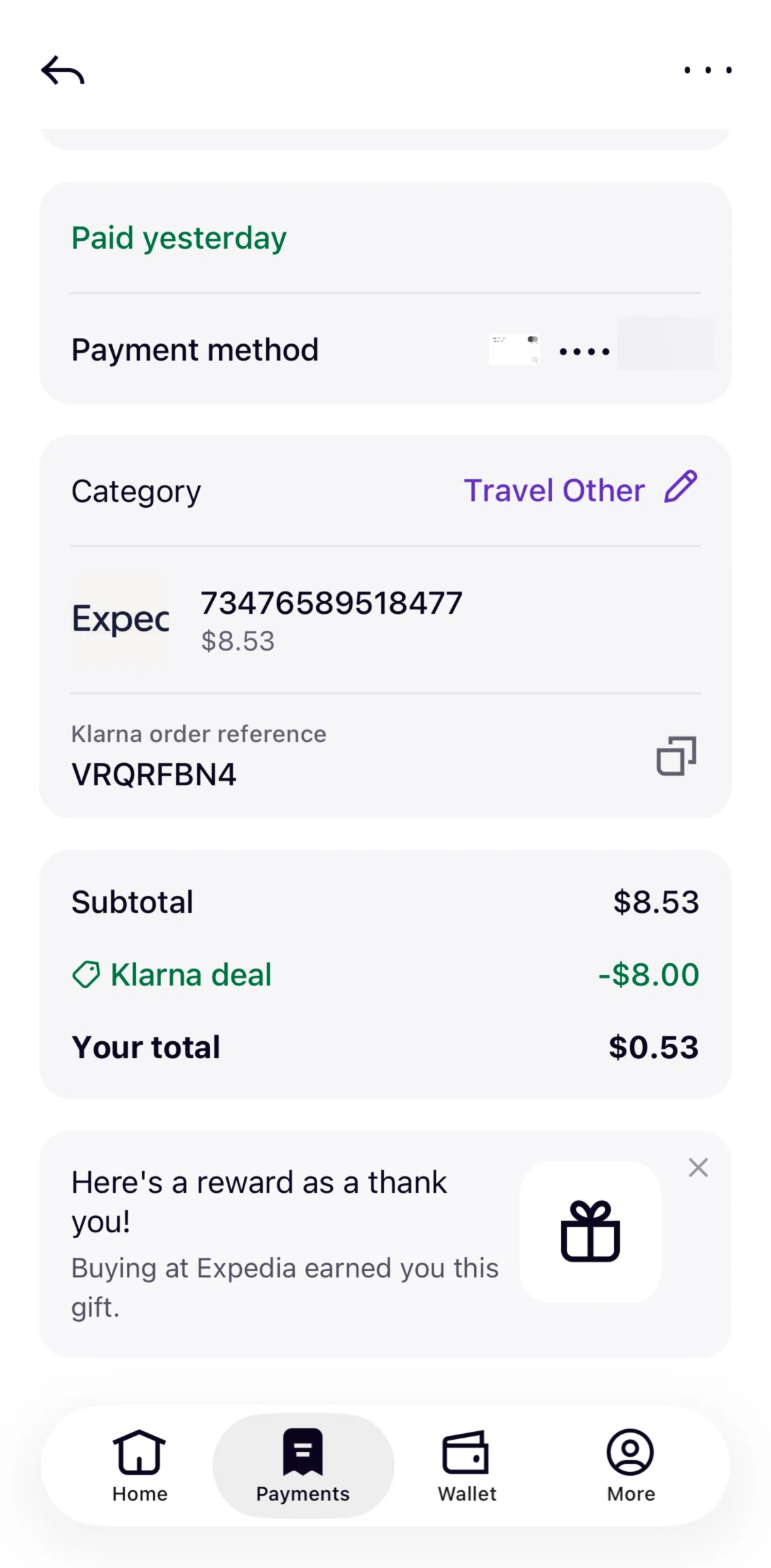Klarna Screen screen in the Changing a category flow
