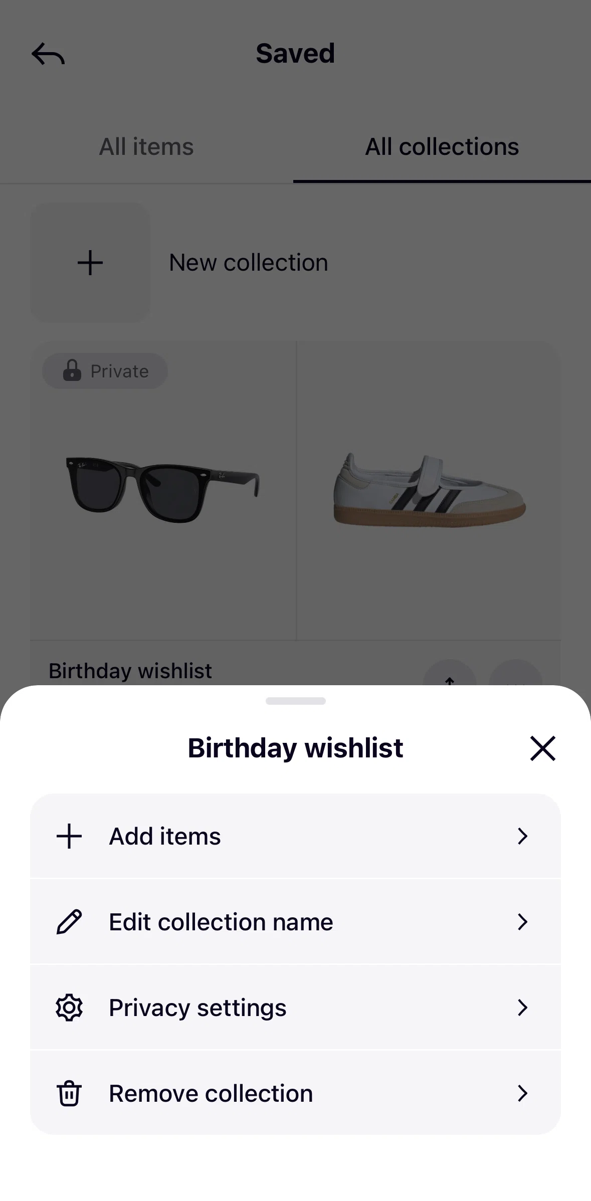 Klarna Screen screen in the Changing collection privacy settings flow