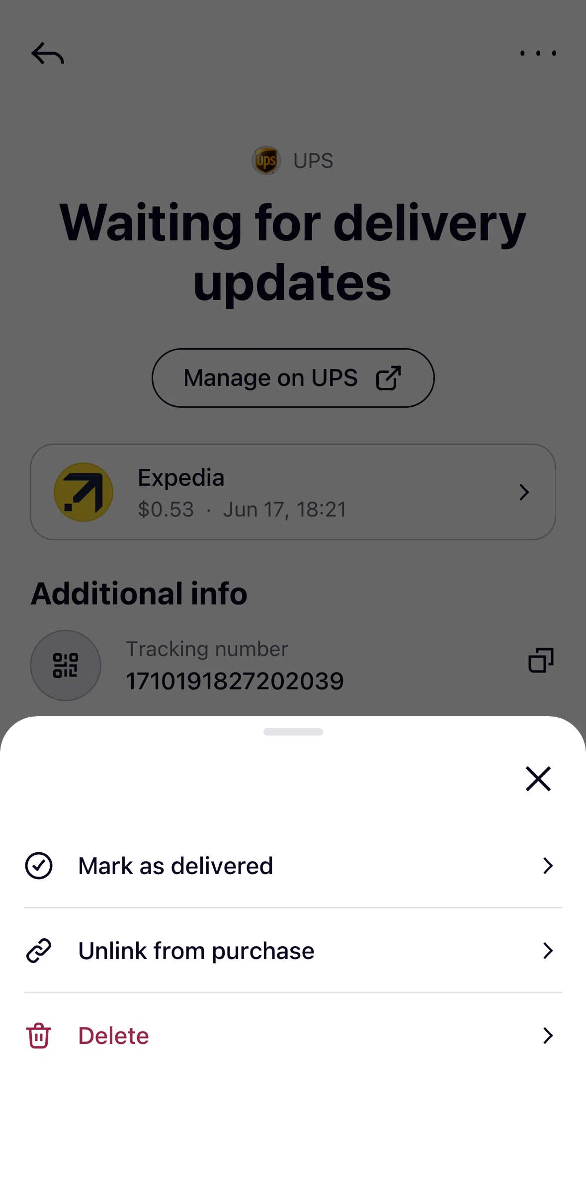 Klarna Screen screen in the Deleting a package flow