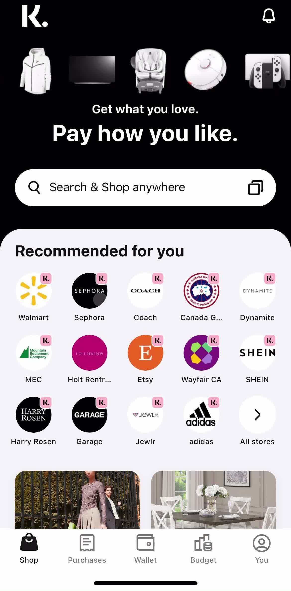 Klarna Home screen in the General Browsing flow