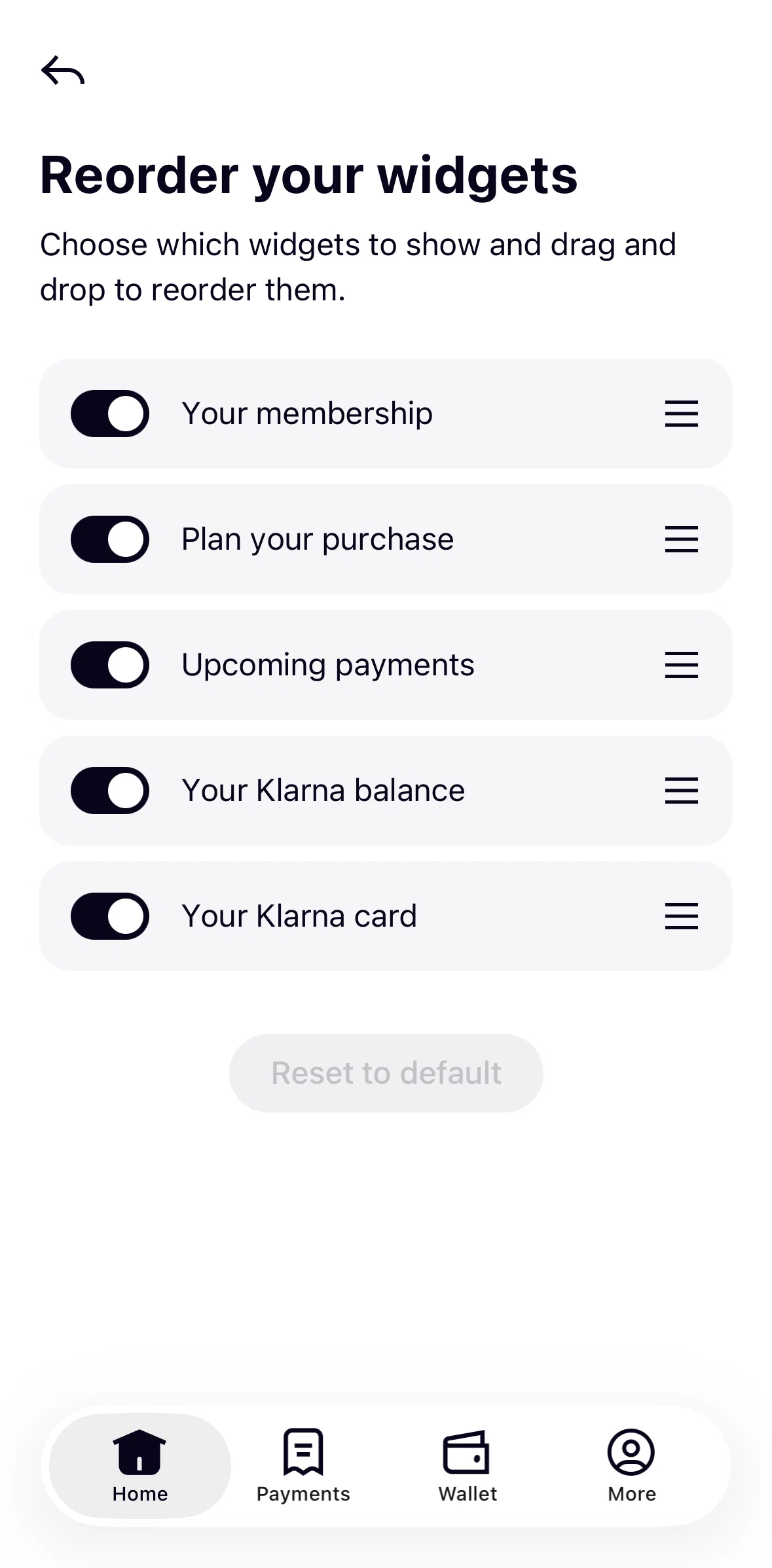 Klarna Screen screen in the Hiding a widget flow
