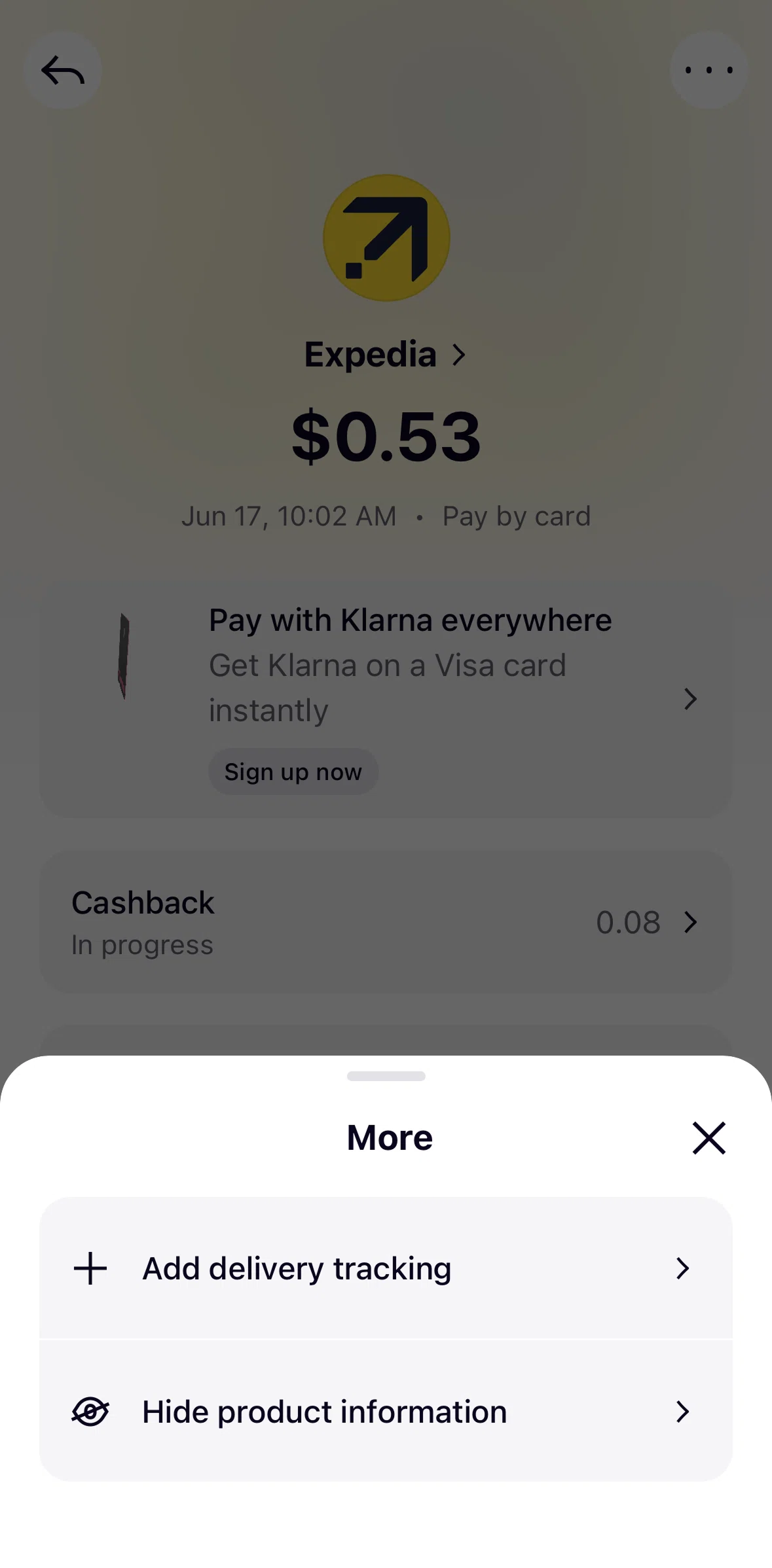 Klarna Screen screen in the Hiding product information flow