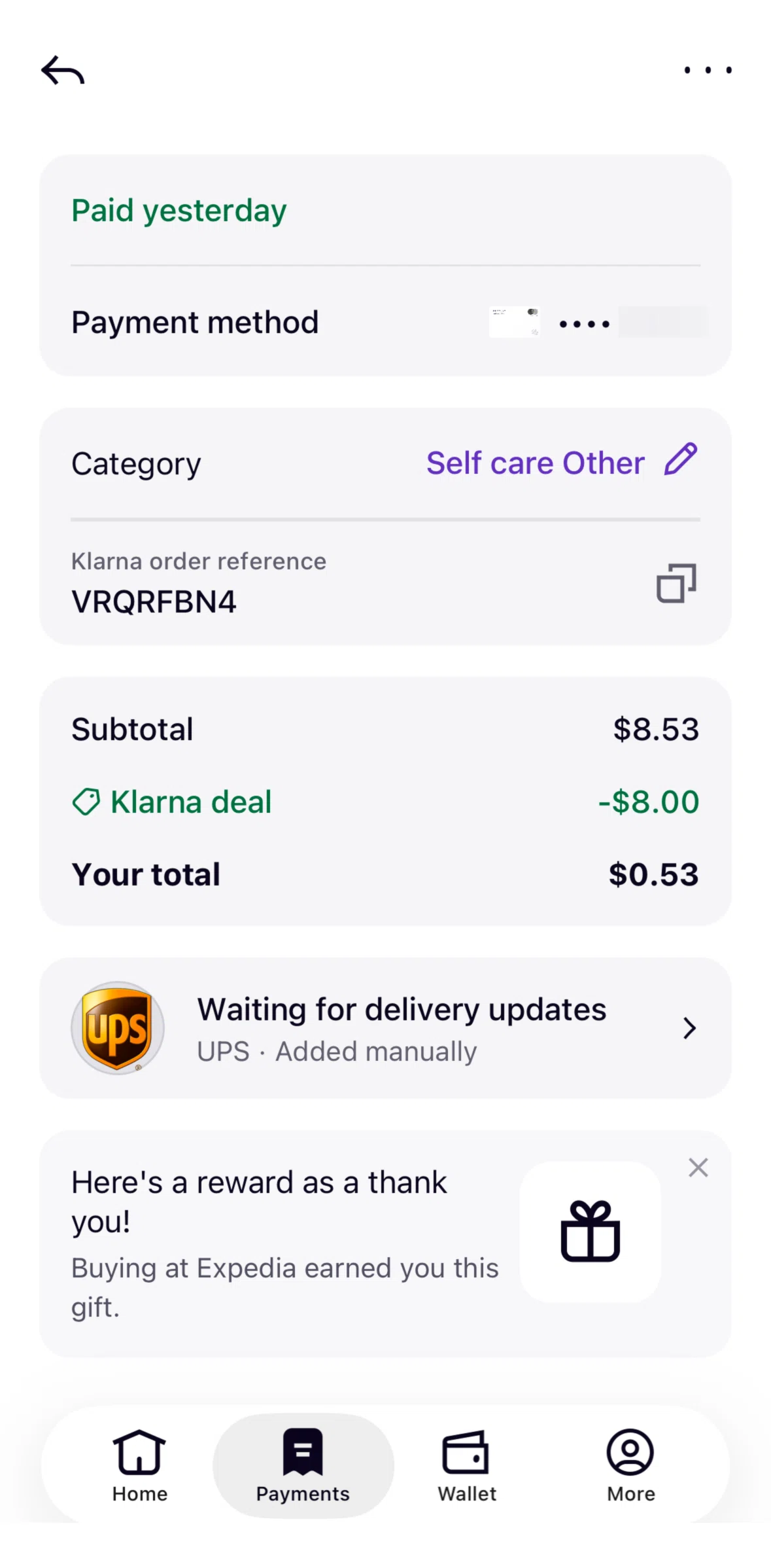 Klarna Screen screen in the Marking a package as delivered flow