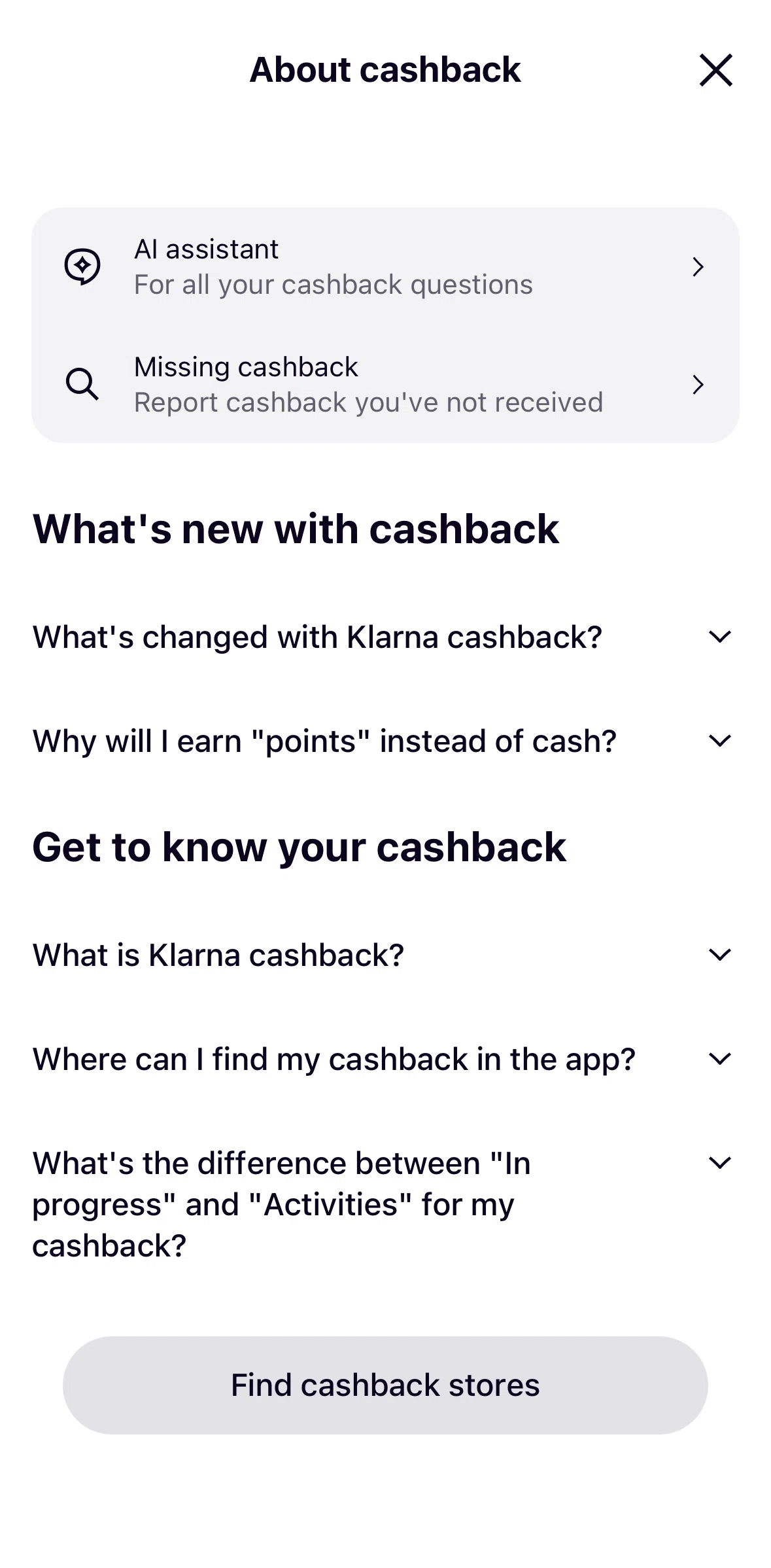 Klarna Screen screen in the Missing cashback flow