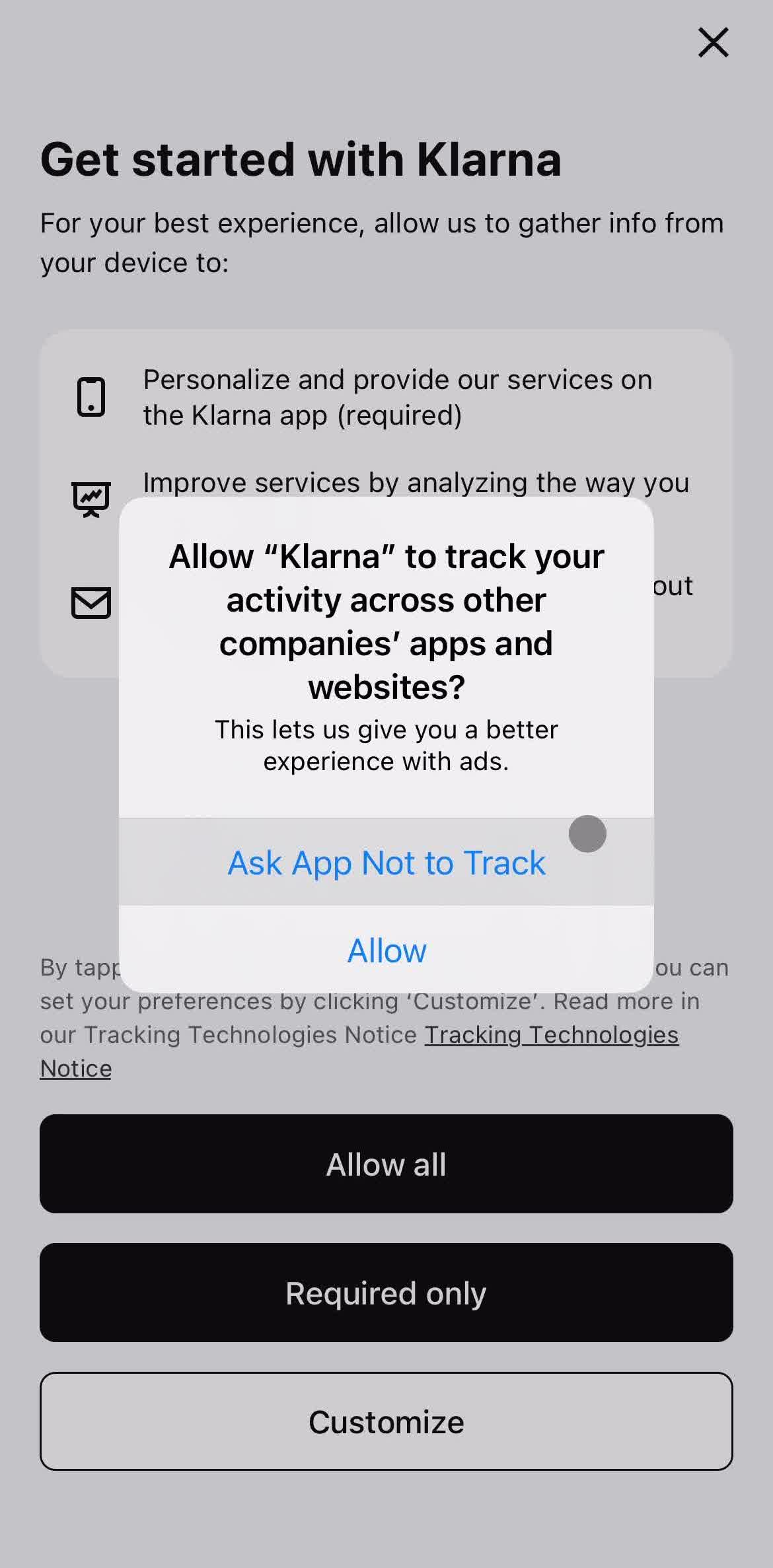 Klarna Enable tracking screen in the Onboarding flow