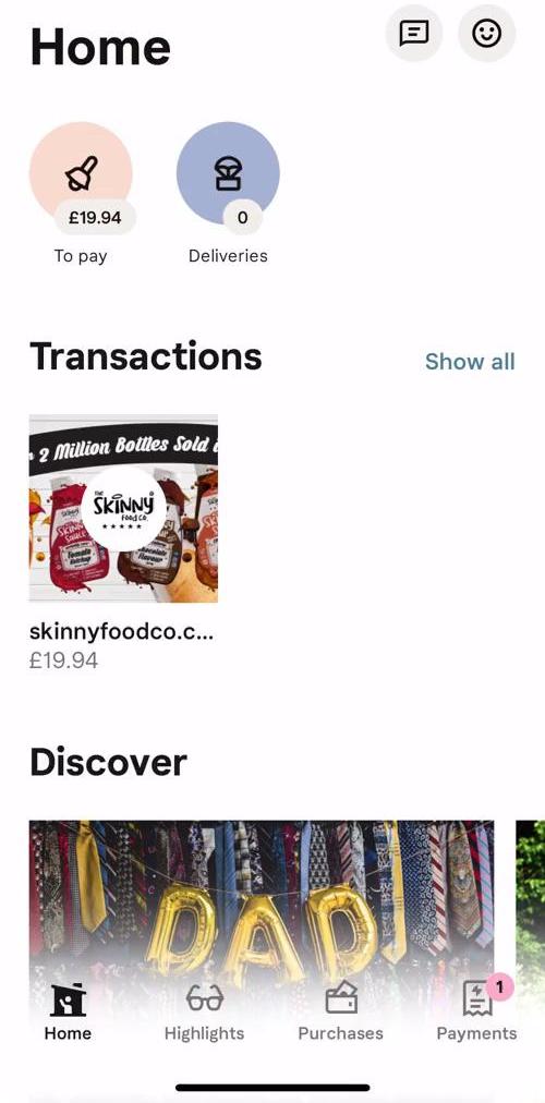 Klarna Home screen in the Paying flow