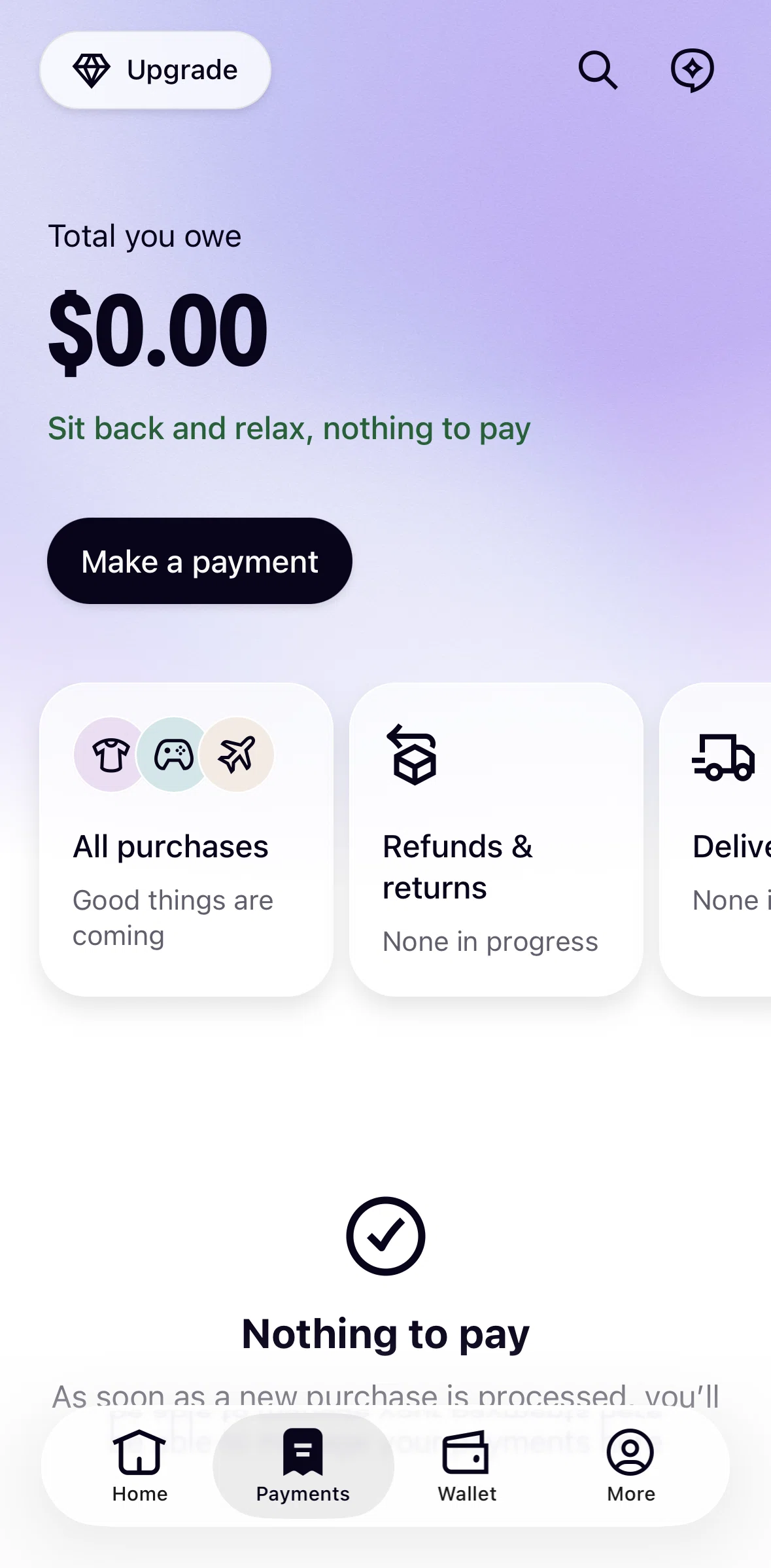 Klarna Screen screen in the Purchases flow