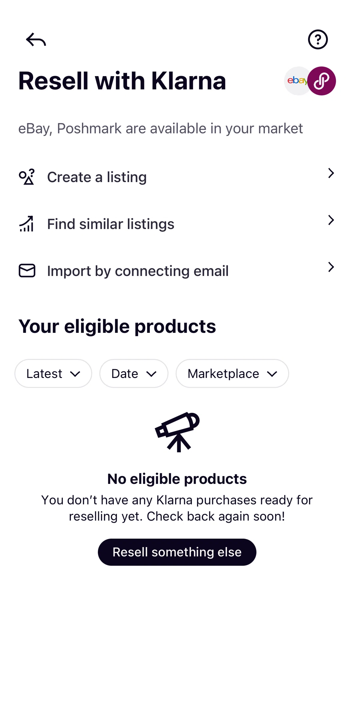 Klarna Screen screen in the Resell information flow