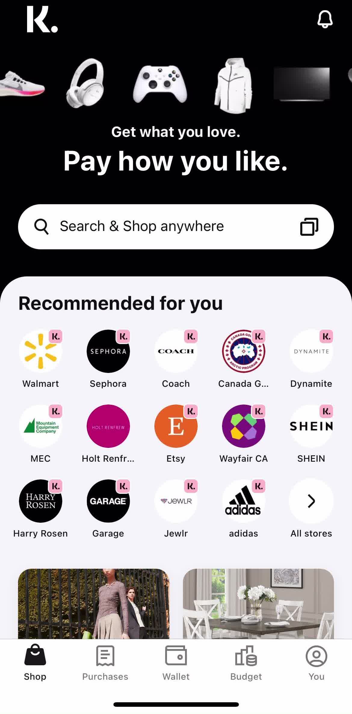Klarna Home screen in the Searching flow