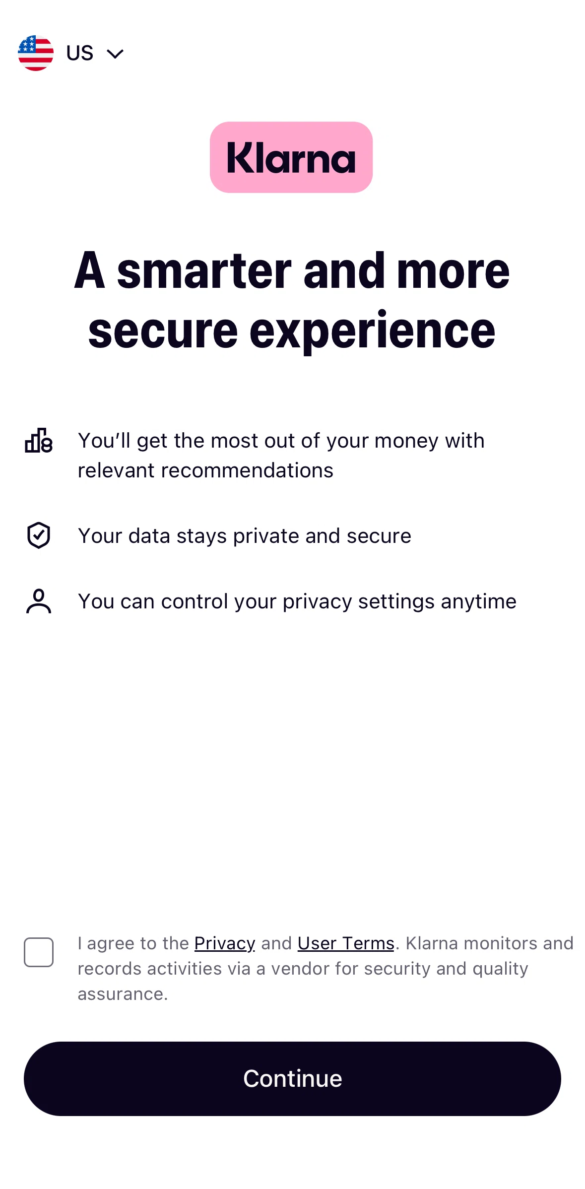 Klarna Screen screen in the Selecting a country flow