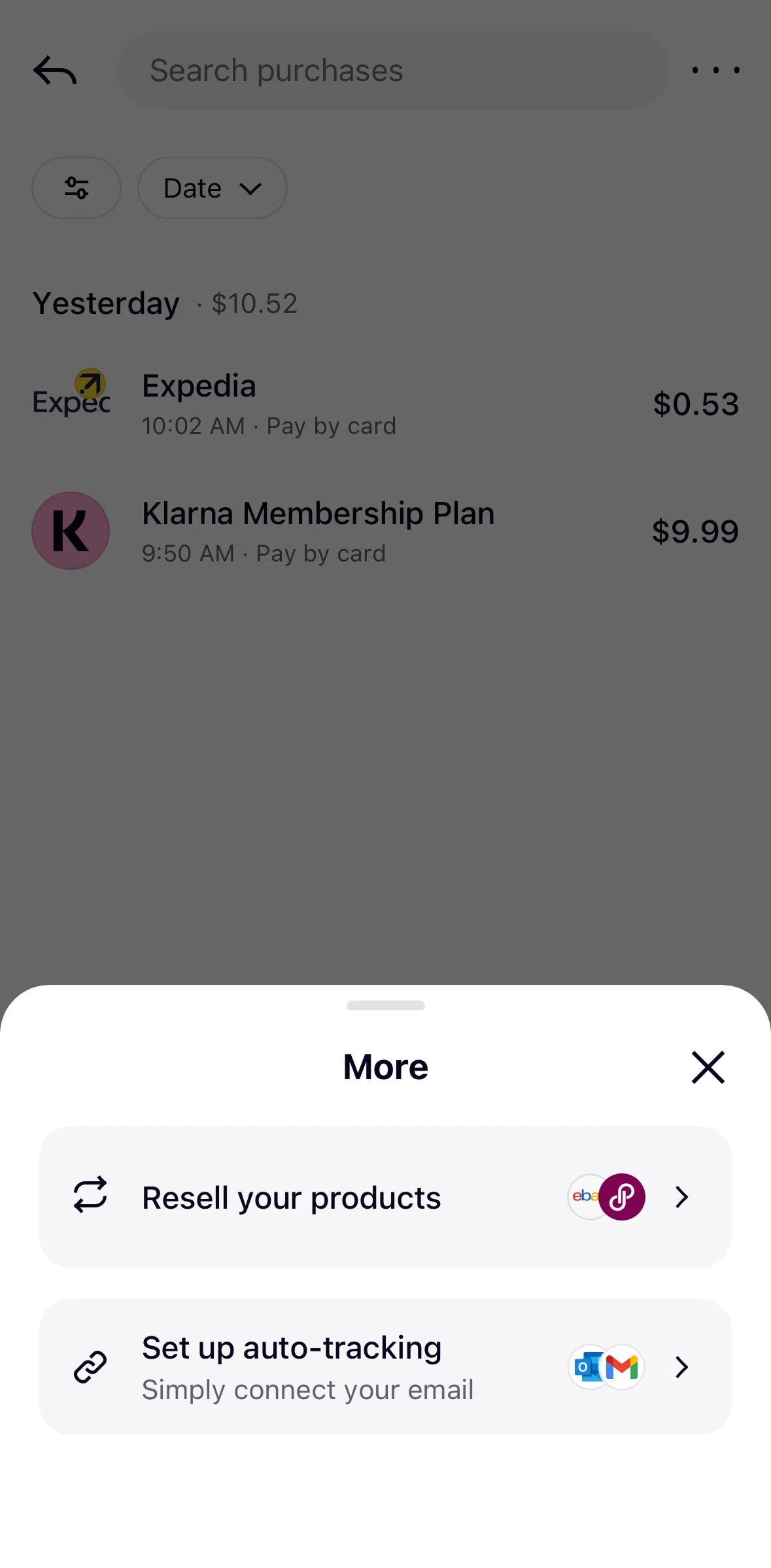 Klarna Screen screen in the Set up auto-tracking flow