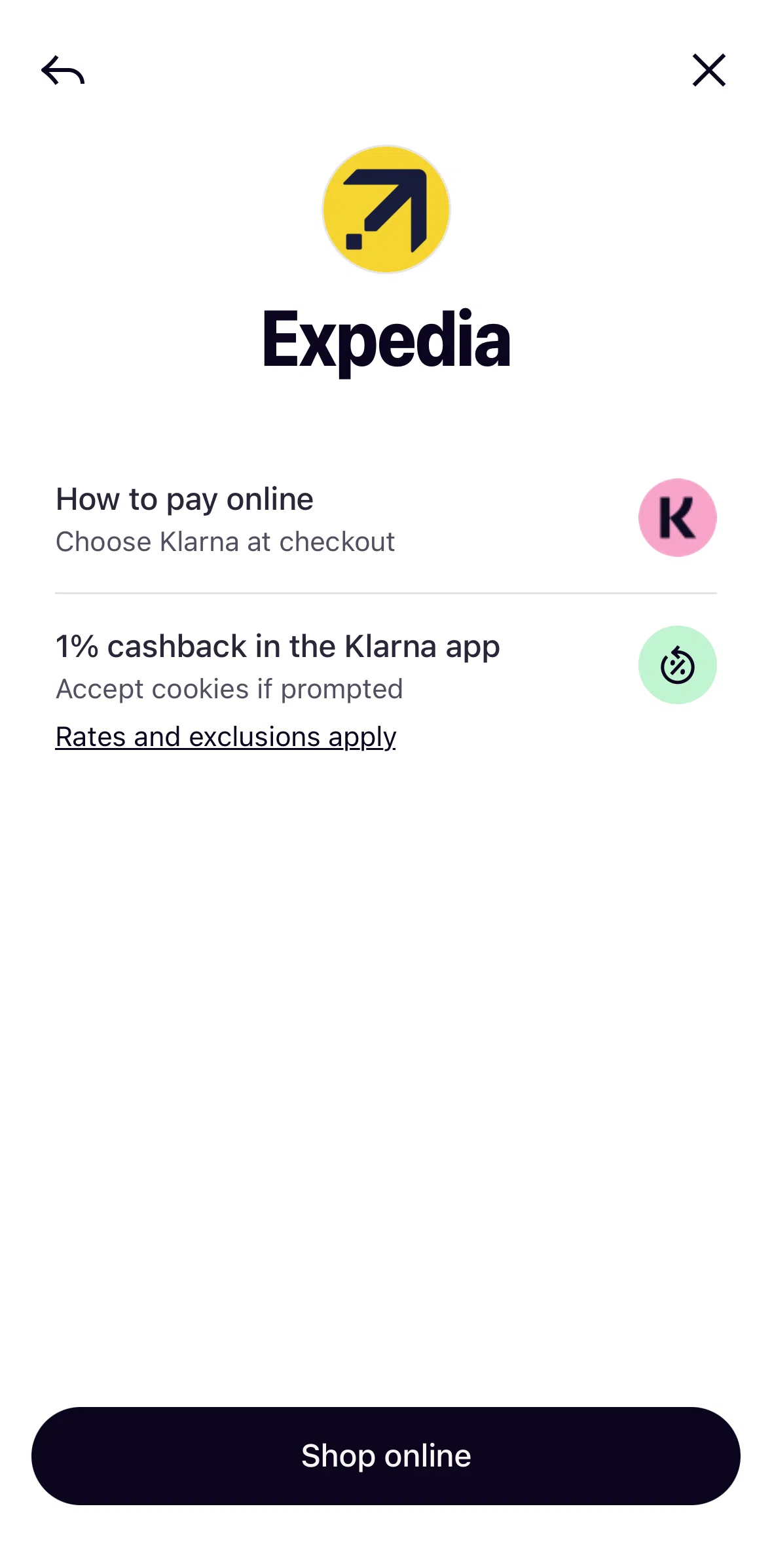 Klarna Screen screen in the Store rates and exclusions flow