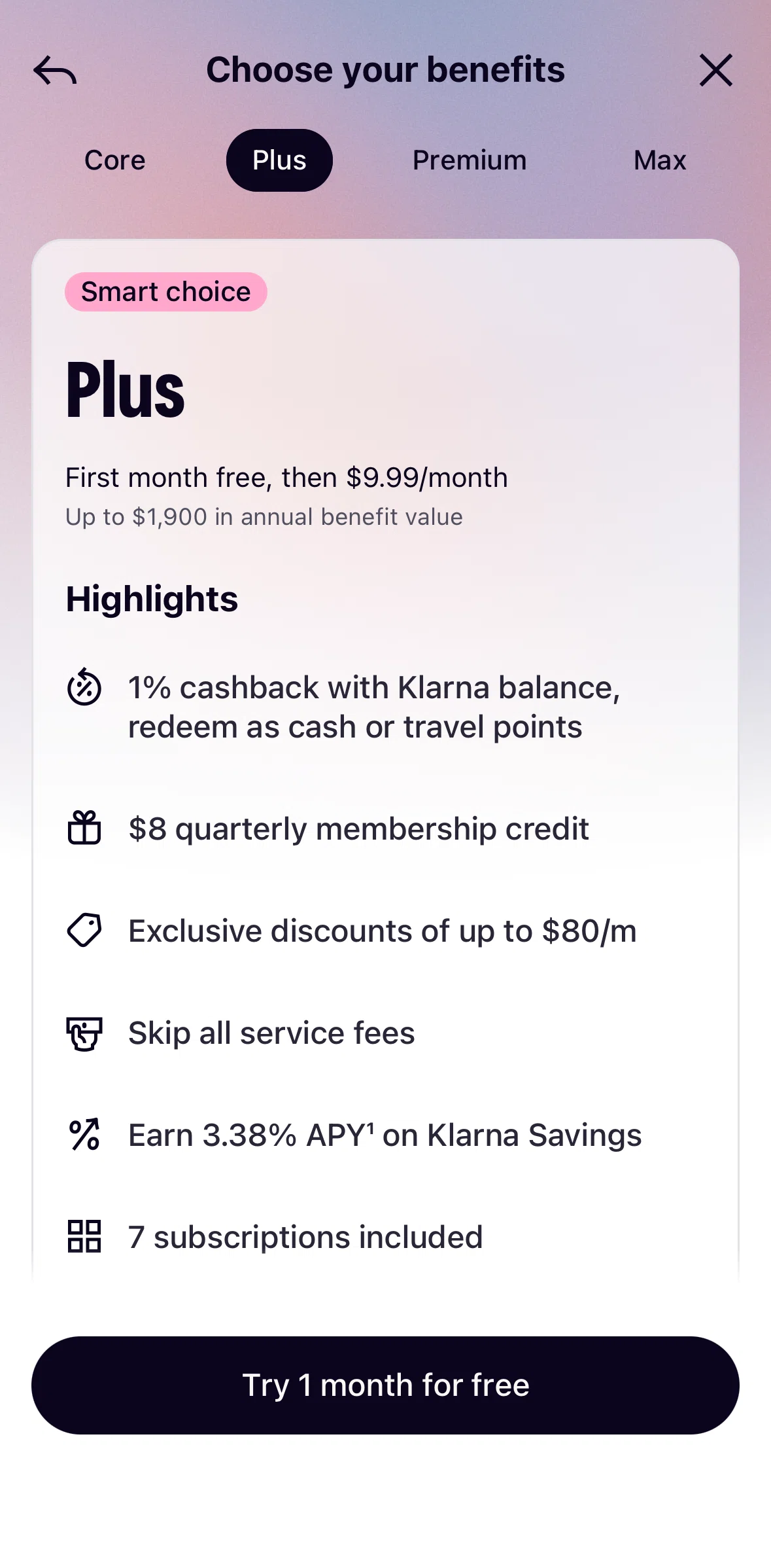 Klarna Screen screen in the Subscribing to Klarna flow