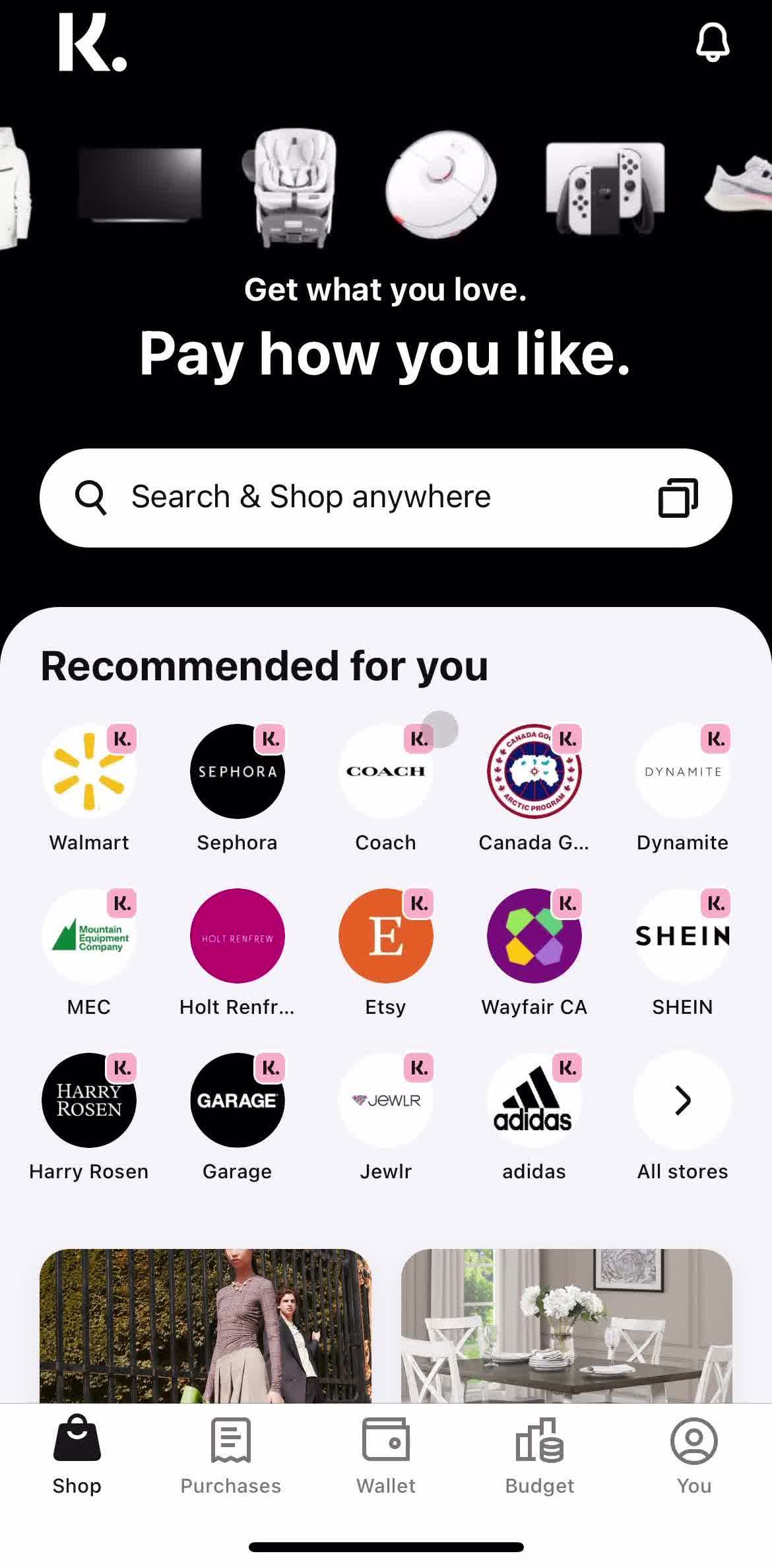 Klarna Home screen in the Support flow
